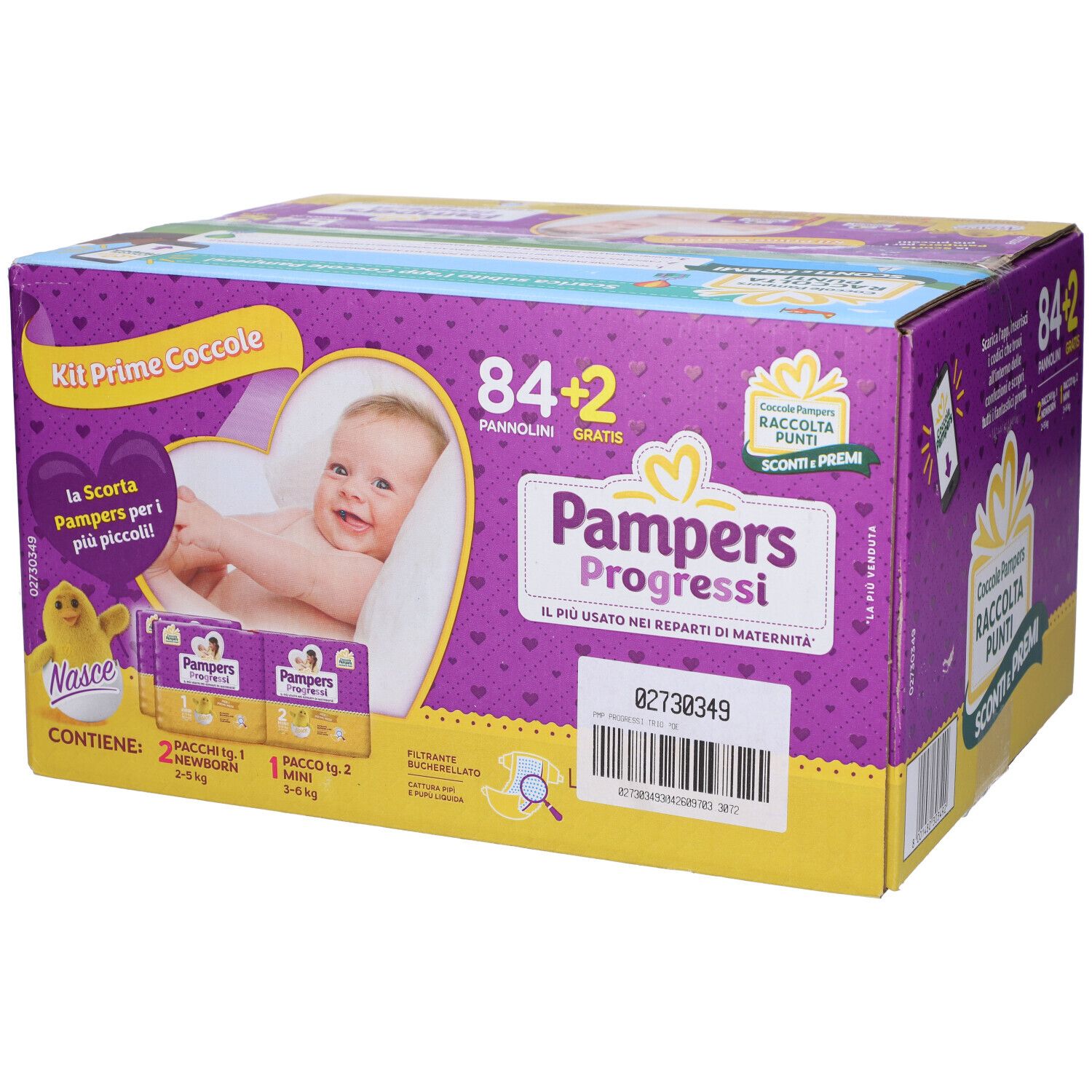 Scatola di pannolini Pampers Progressi. Scritte: 84+2, bambino, logo. Confezione viola e gialla.