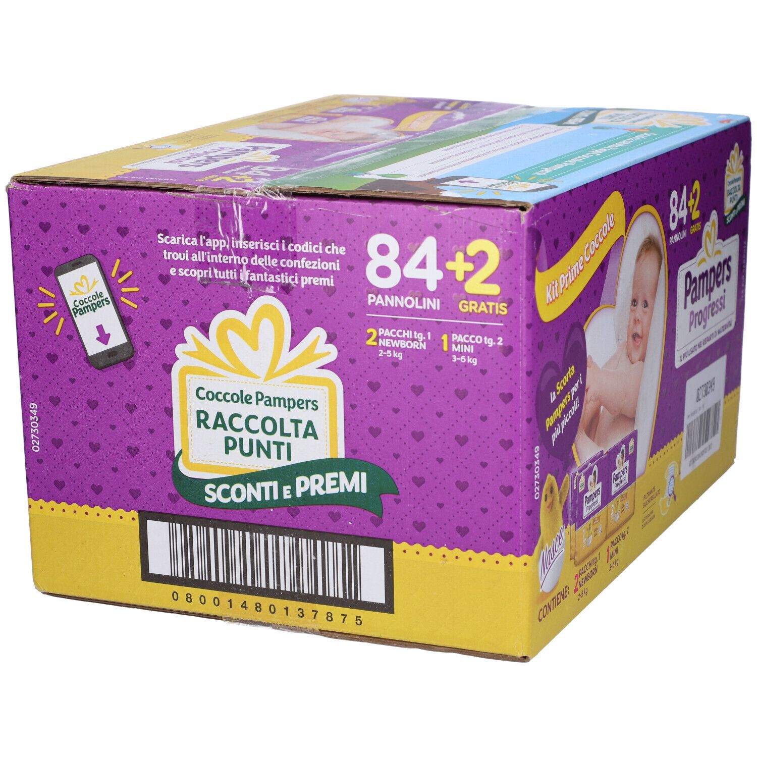 Scatola di pannolini Pampers Progressi. Scritte: 84+2, bambino, logo. Confezione viola e gialla.