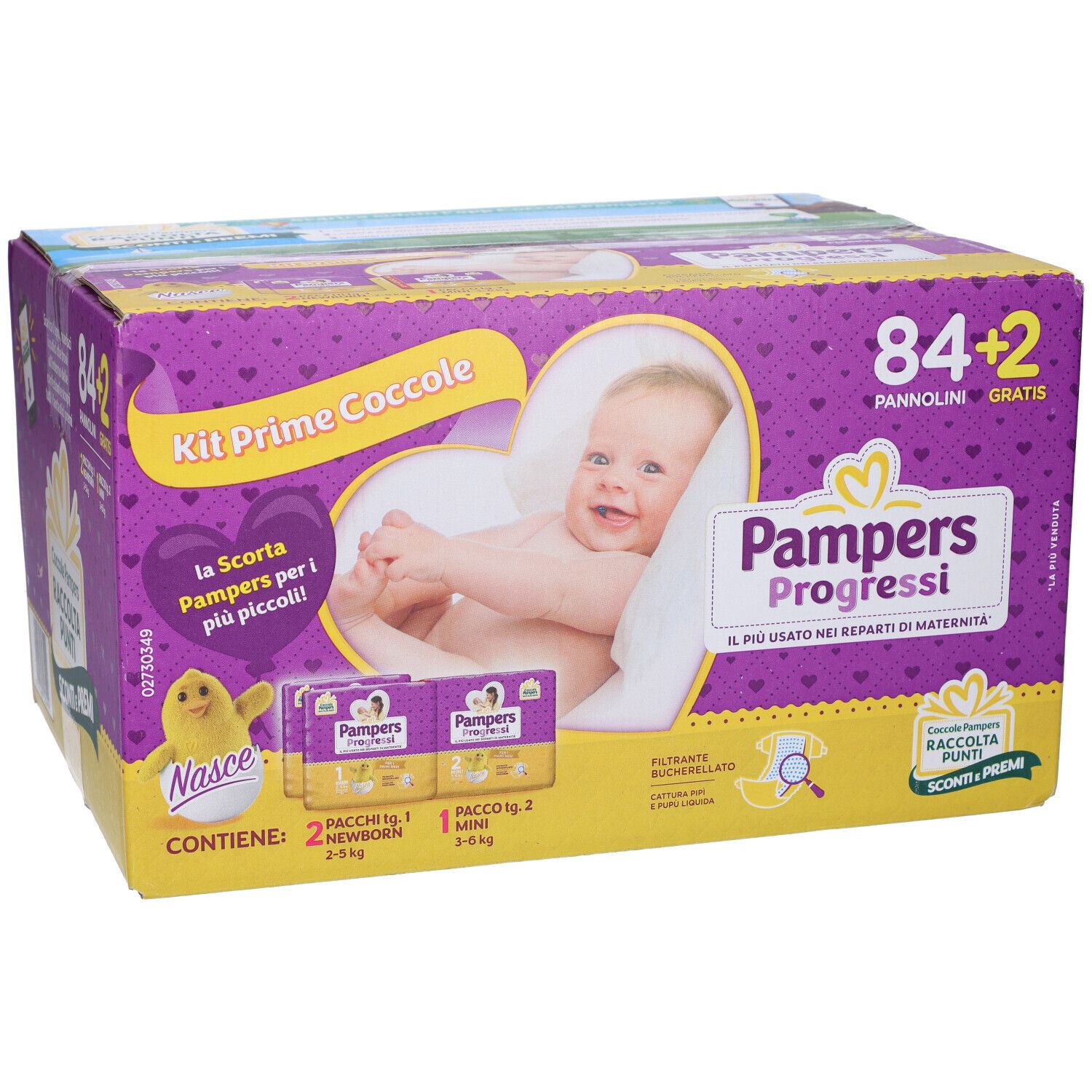 Scatola di pannolini Pampers Progressi. Scritte: 84+2, bambino, logo. Confezione viola e gialla.