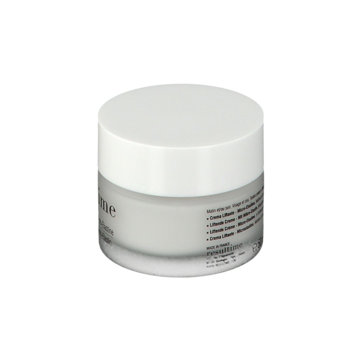 Vasetto di crema Resultime con coperchio bianco. Scritta: Crème Liftante, Micro-Elastine. Contenitore grigio.