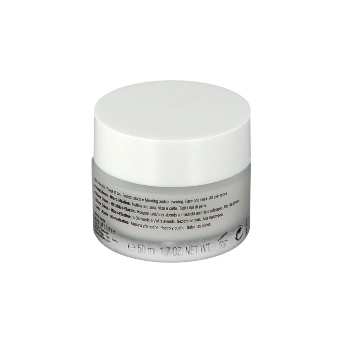 Vasetto di crema Resultime con testo sul retro. Scritta: Crème Liftante, Micro-Elastine. Contenitore grigio.