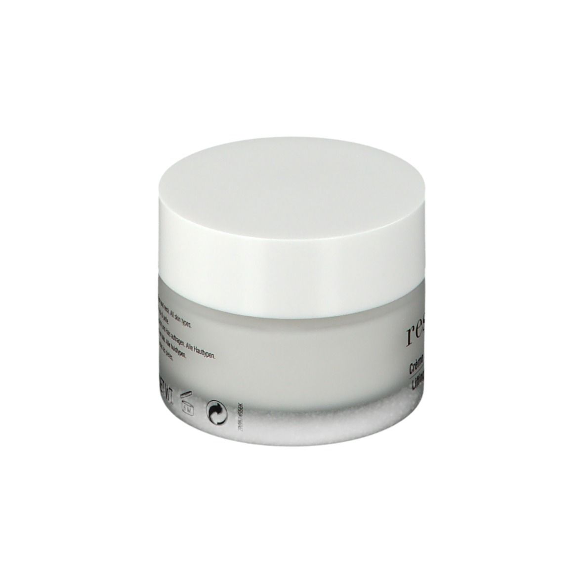 Vasetto di crema Resultime con testo sul retro. Scritta: Crème Liftante, Micro-Elastine. Contenitore grigio.