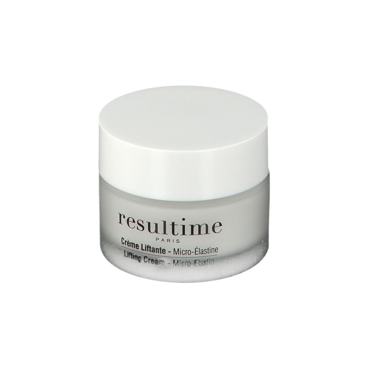 Vasetto di crema Resultime con coperchio bianco. Scritta: Crème Liftante, Micro-Elastine. Contenitore grigio.