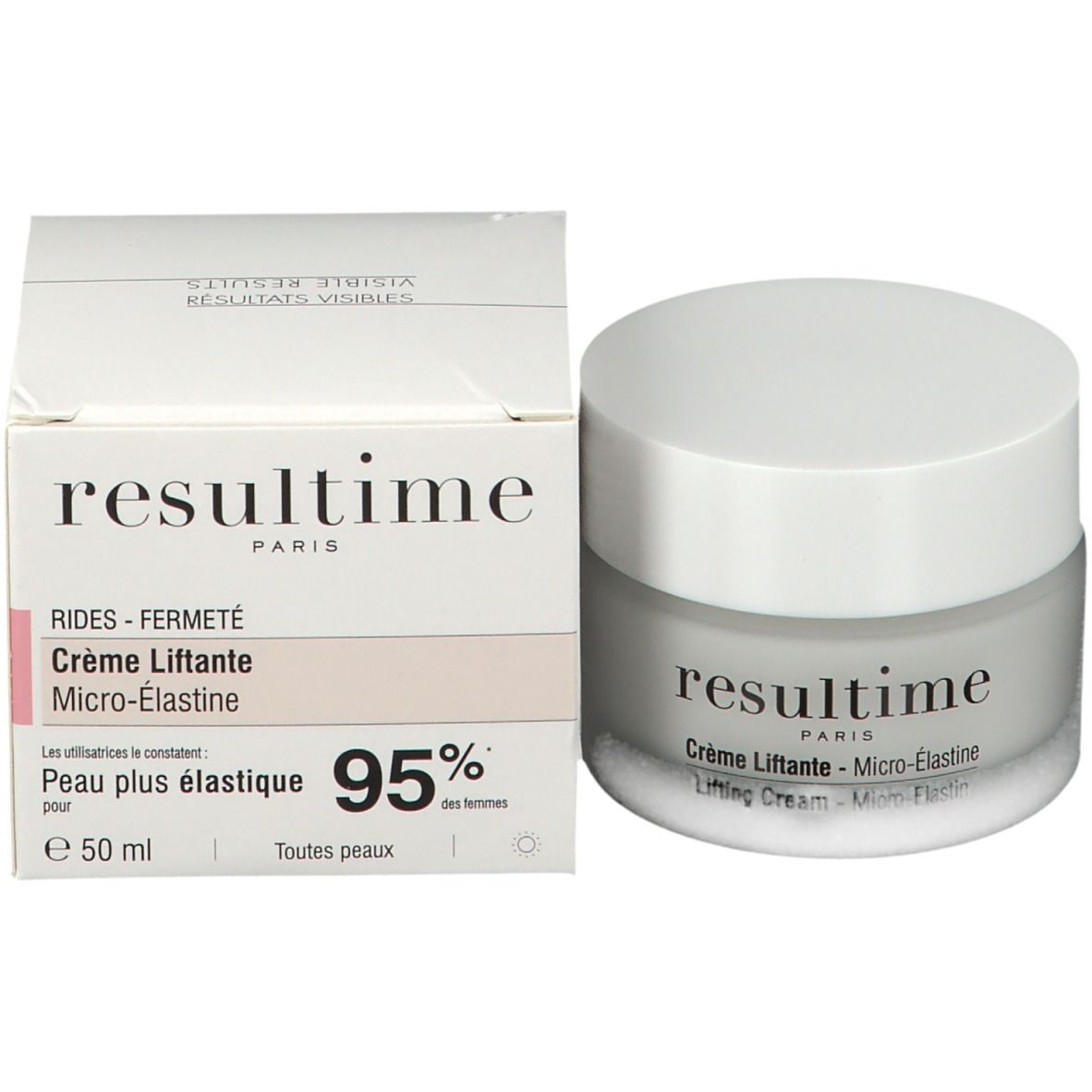 Crema Resultime e confezione. Scritta: Crème Liftante, Micro-Elastine. 50 ml. Confezione con testo.
