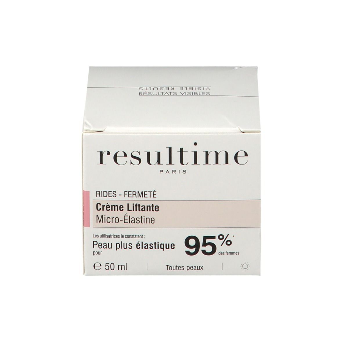Confezione della crema Resultime. Scritta: Crème Liftante, Micro-Elastine. 50 ml. Testo e logo.