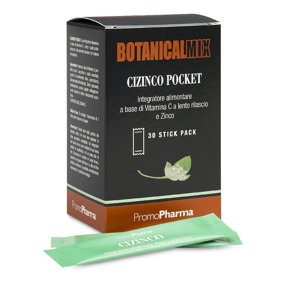 Scatola Botanical Mix CiZinco Pocket, 30 stick pack. Un singolo stick verde è visibile. Logo PromoPharma in basso.
