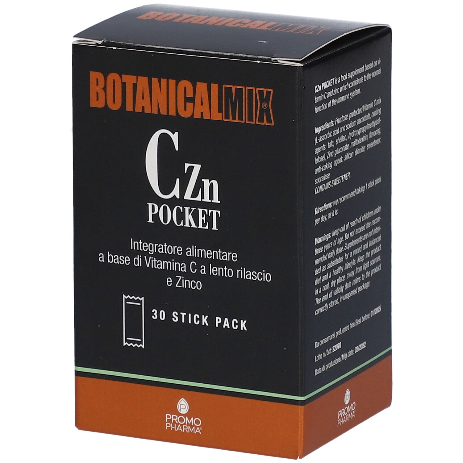 Scatola nera Botanical Mix Czn Pocket, 30 stick pack. Testo e logo PromoPharma. Vista laterale.