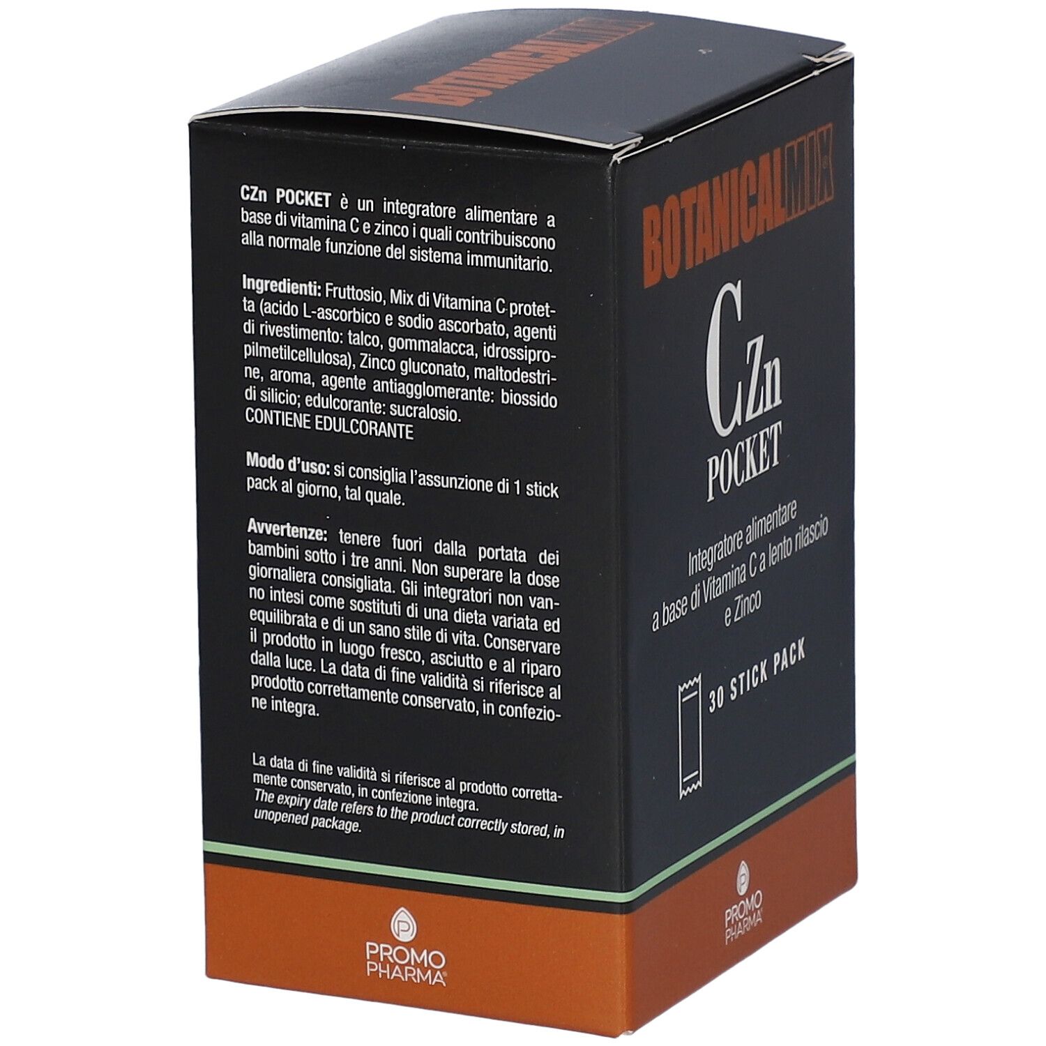 Scatola nera Botanical Mix Czn Pocket, 30 stick pack. Testo e logo PromoPharma. Vista laterale.