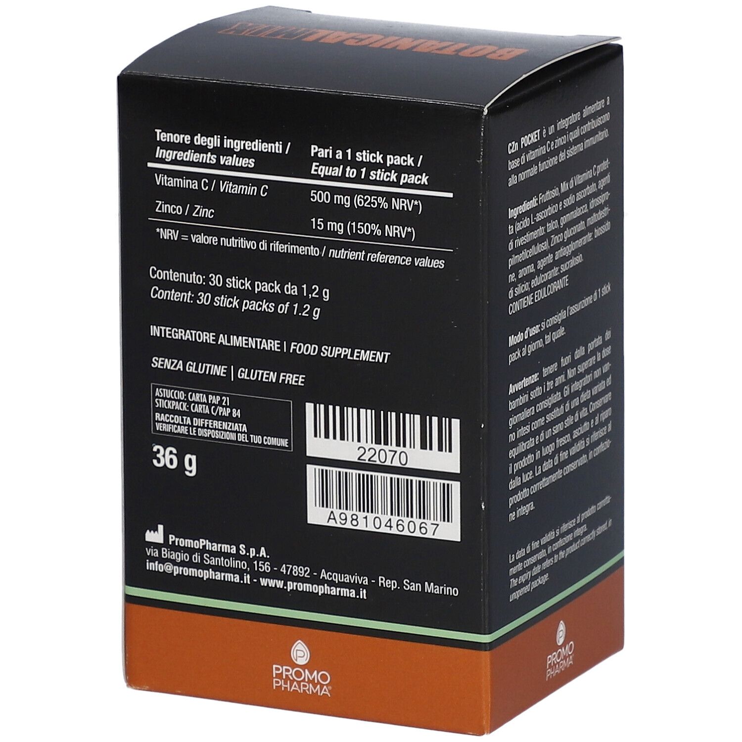 Scatola nera Botanical Mix Czn Pocket, 30 stick pack. Testo e logo PromoPharma. Retro con informazioni.