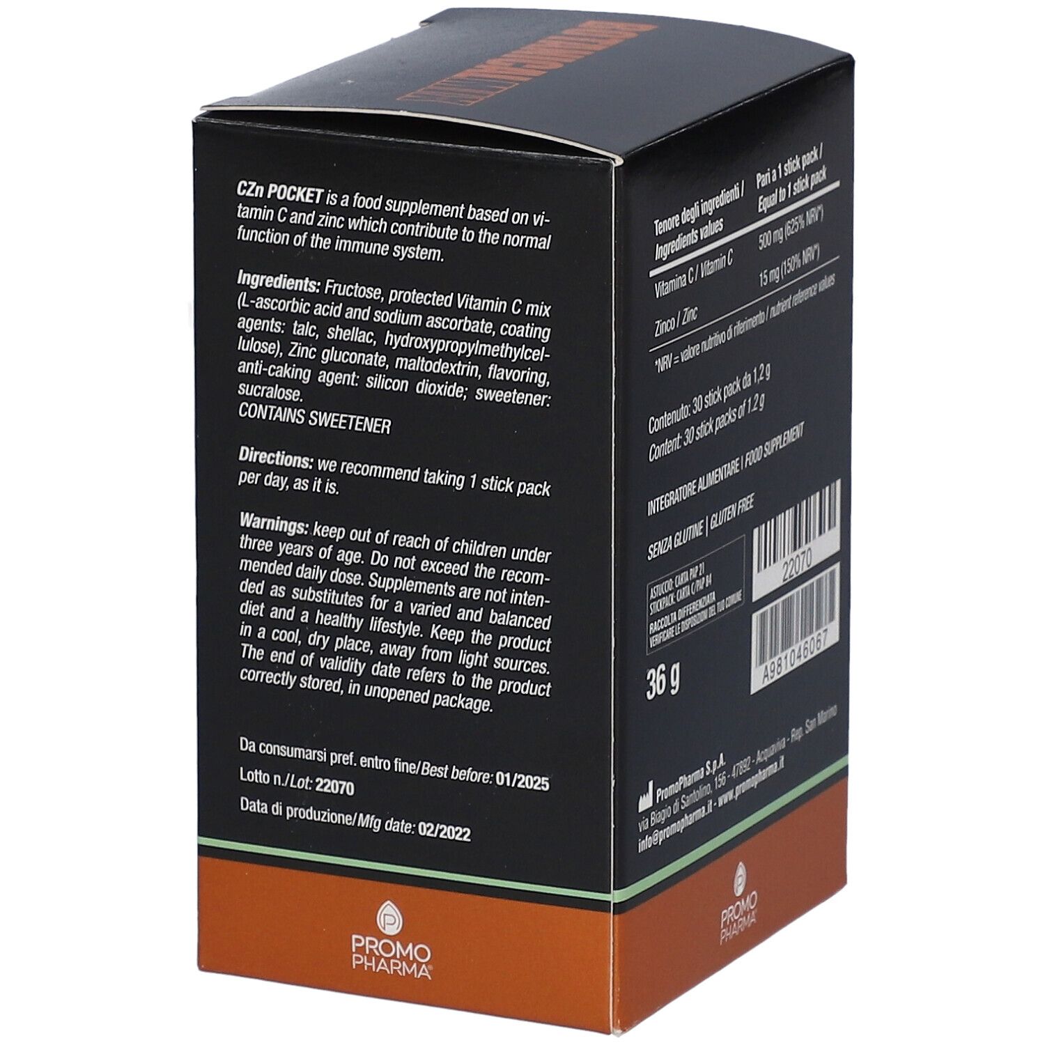 Scatola nera Botanical Mix Czn Pocket, 30 stick pack. Testo e logo PromoPharma. Retro con informazioni.