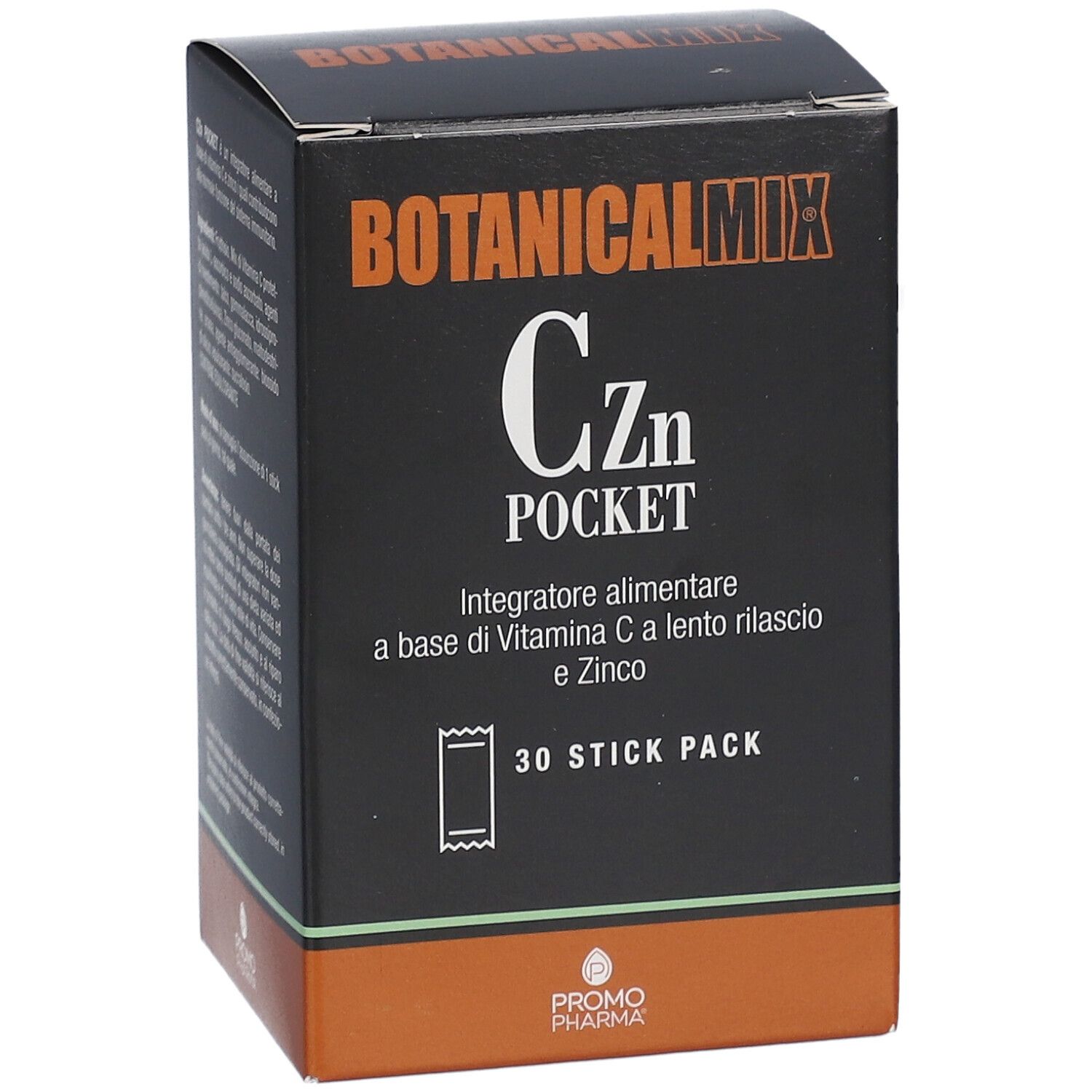 Scatola nera Botanical Mix Czn Pocket, 30 stick pack. Testo e logo PromoPharma.