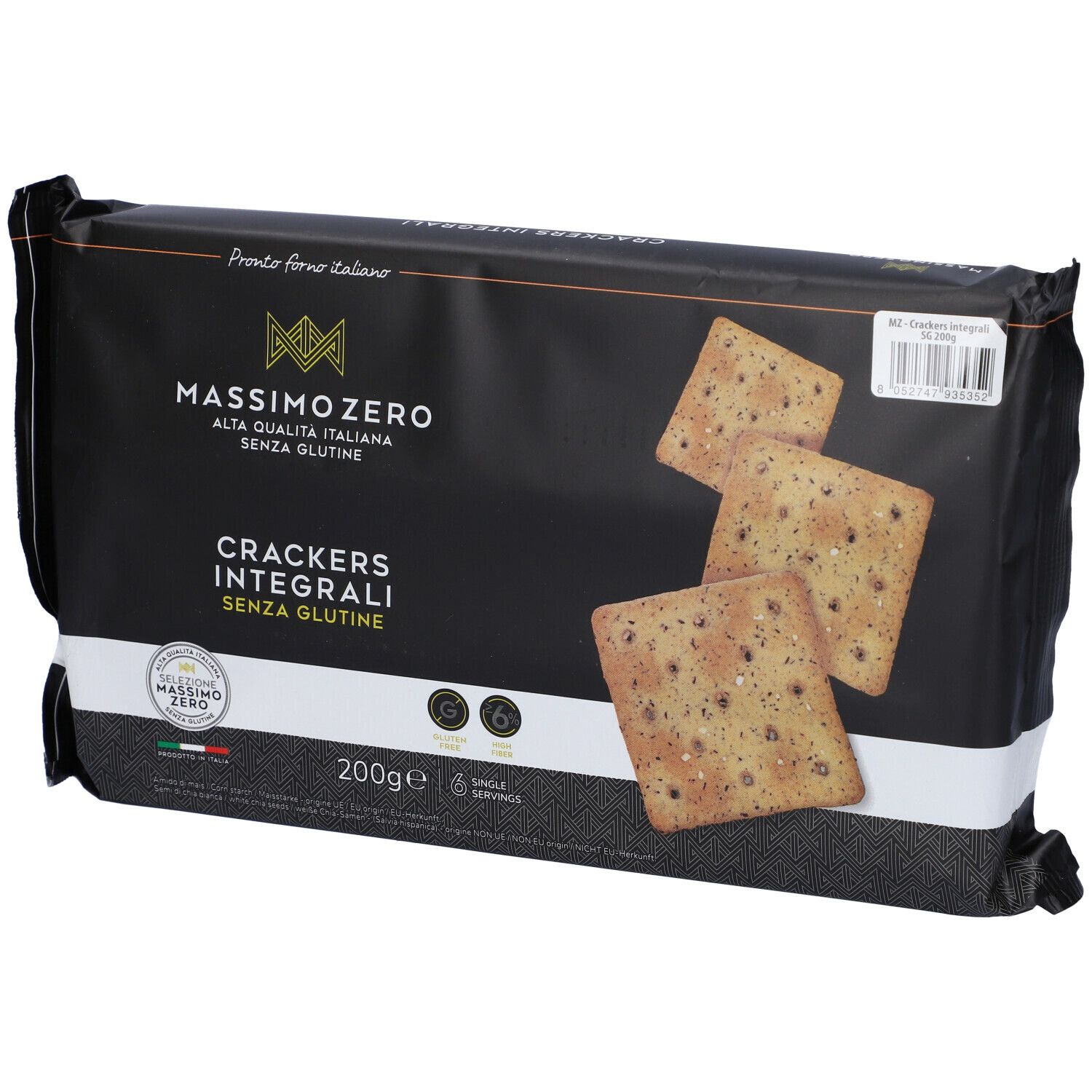 Confezione di cracker. Confezione nera con nome e logo del prodotto. Alcuni cracker sono raffigurati.