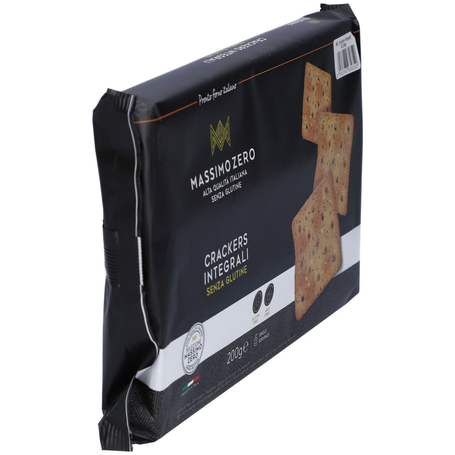 Confezione di cracker nera, in diagonale. Nome e logo del prodotto visibili. Alcuni cracker sono raffigurati.