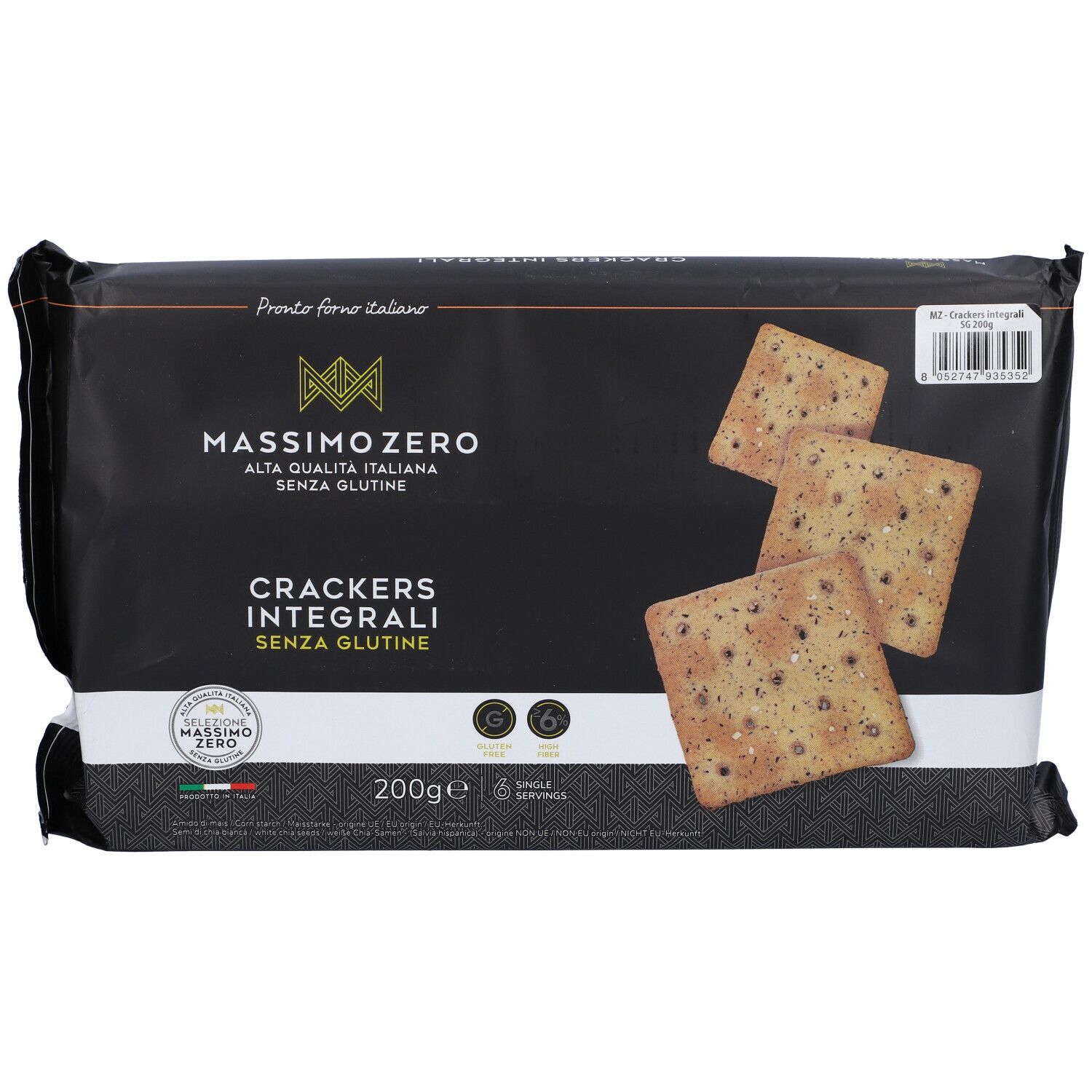 Confezione di cracker. Confezione nera con nome e logo del prodotto. Alcuni cracker sono raffigurati.