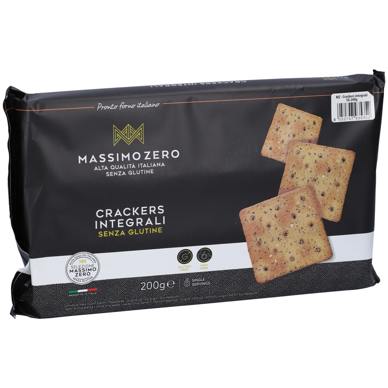 Confezione di cracker. Confezione nera con nome e logo del prodotto. Alcuni cracker sono raffigurati.