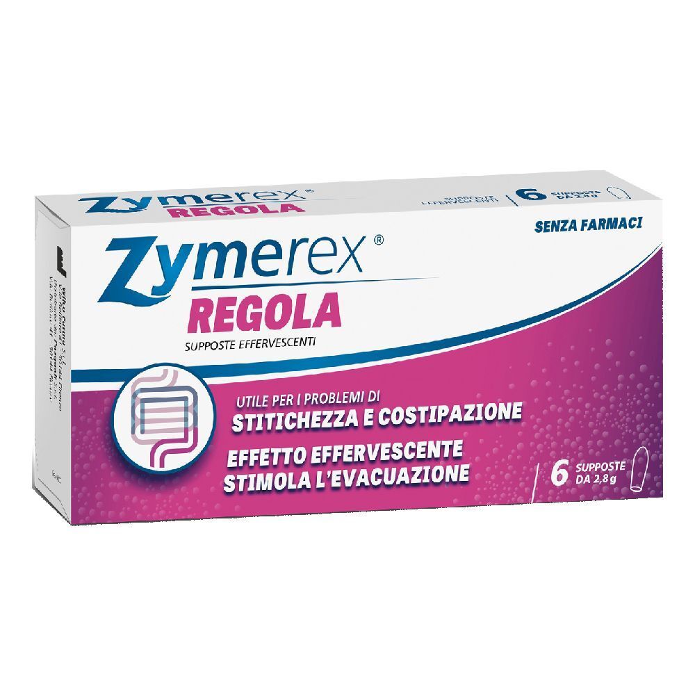 Scatola di Zymerex Regola Supposte Effervescenti. Contiene 6 supposte. Scritto: 'Utile per i problemi di stitichezza e costipazione'.