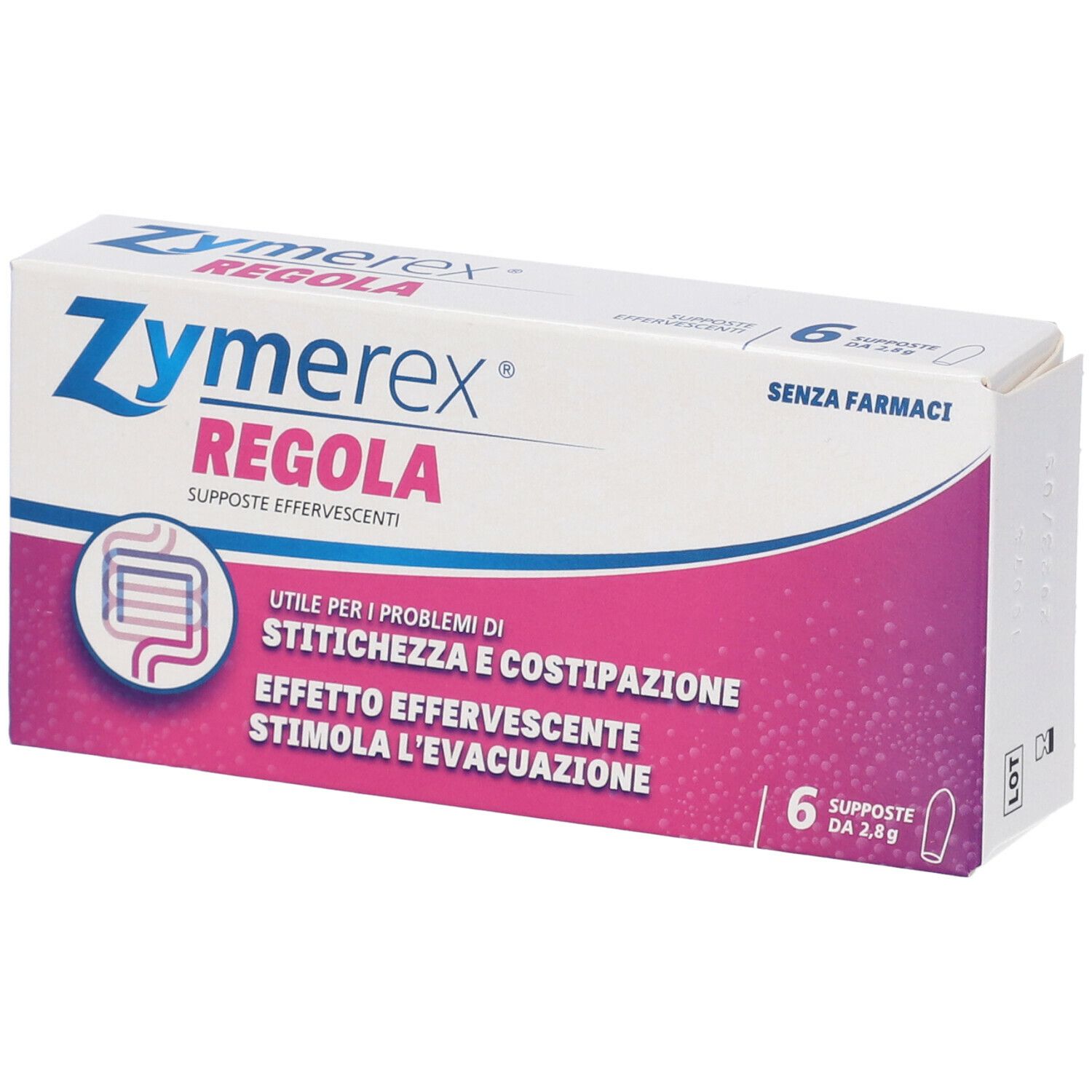 Scatola Zymerex Regola in diagonale. Sei supposte. Scritto: 'Utile per i problemi di stitichezza e costipazione'.