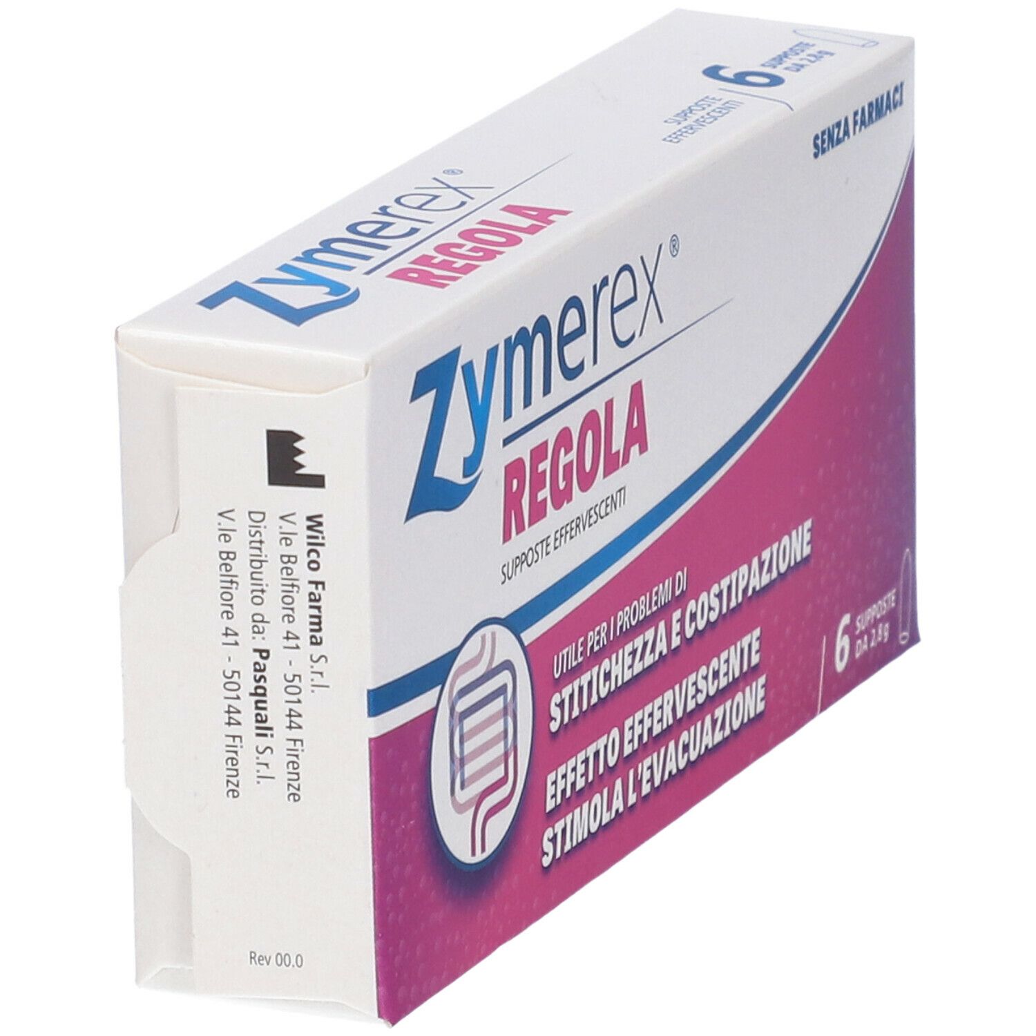 Scatola Zymerex Regola in diagonale. Sei supposte. Scritto: 'Utile per i problemi di stitichezza e costipazione'.