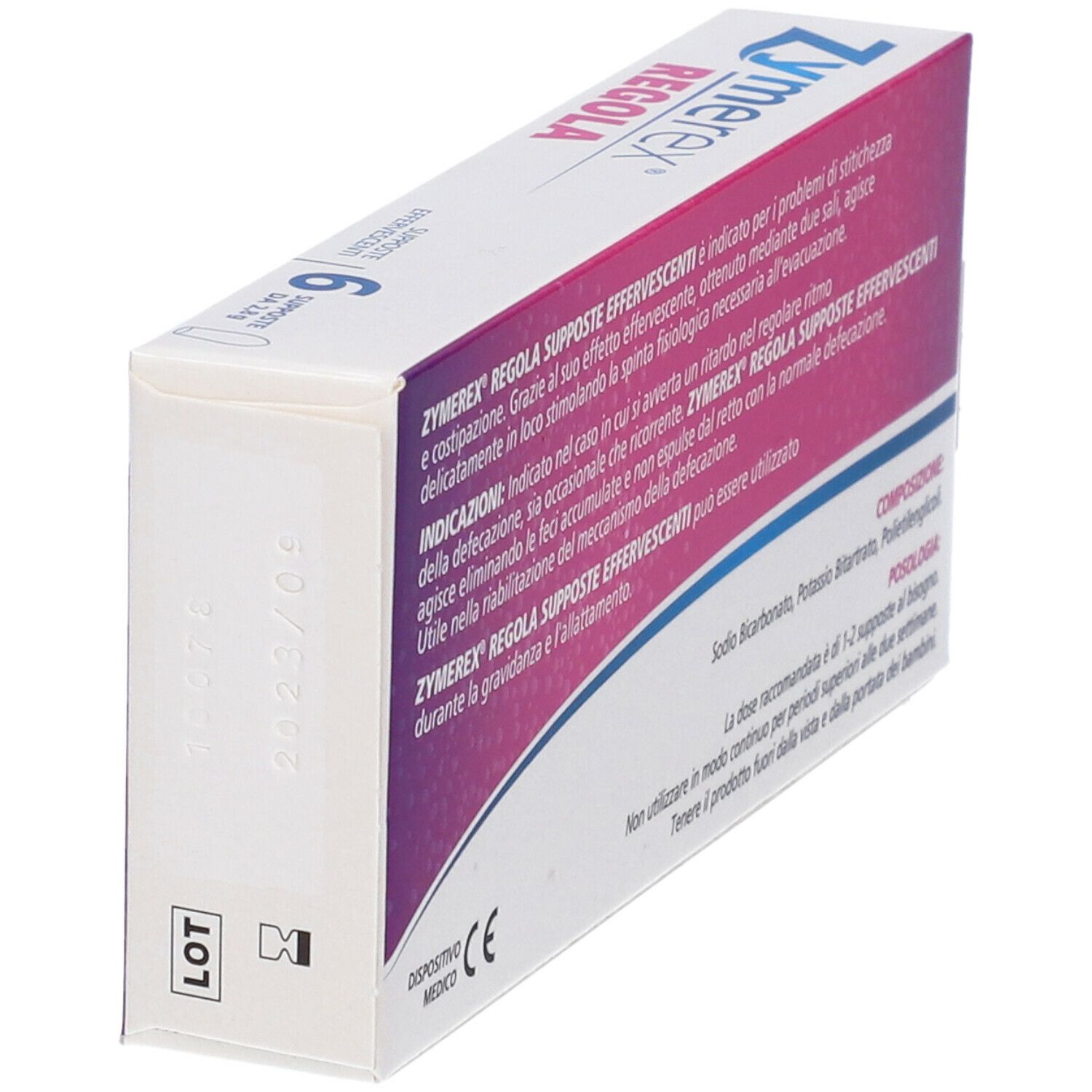Scatola Zymerex Regola in diagonale. Testo su ingredienti e uso. Marchio CE.