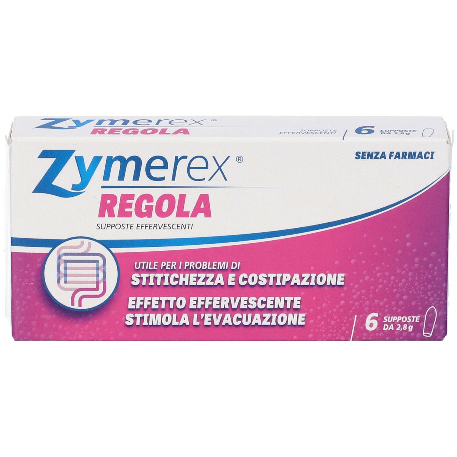 Scatola Zymerex Regola. Sei supposte. Scritto: 'Utile per i problemi di stitichezza e costipazione'.