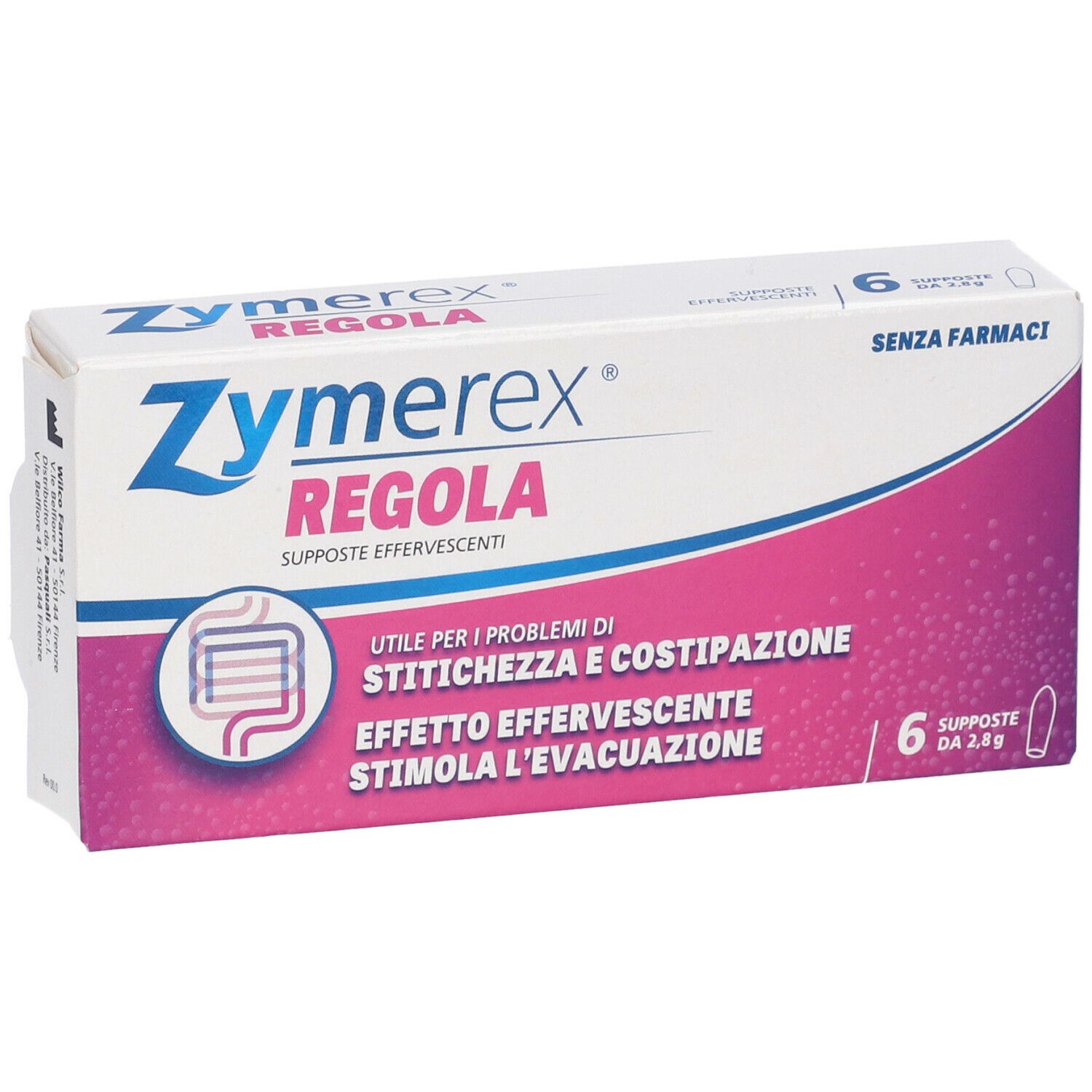 Scatola Zymerex Regola. Sei supposte. Scritto: 'Utile per i problemi di stitichezza e costipazione'.