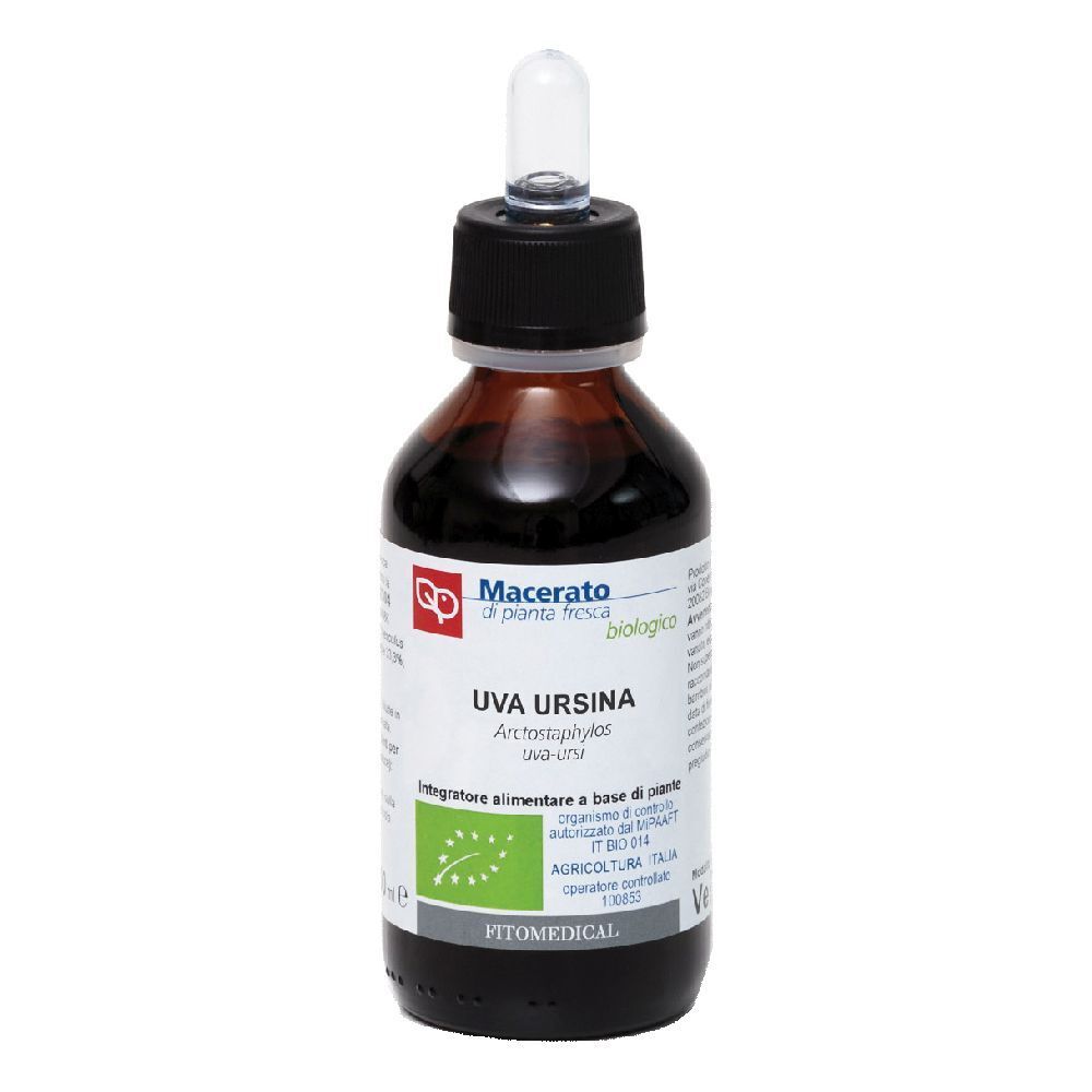 Flacone di vetro marrone con tappo nero e pipetta. Etichetta con testo: Uva Ursina, biologico. Sigillo biologico verde e bianco.