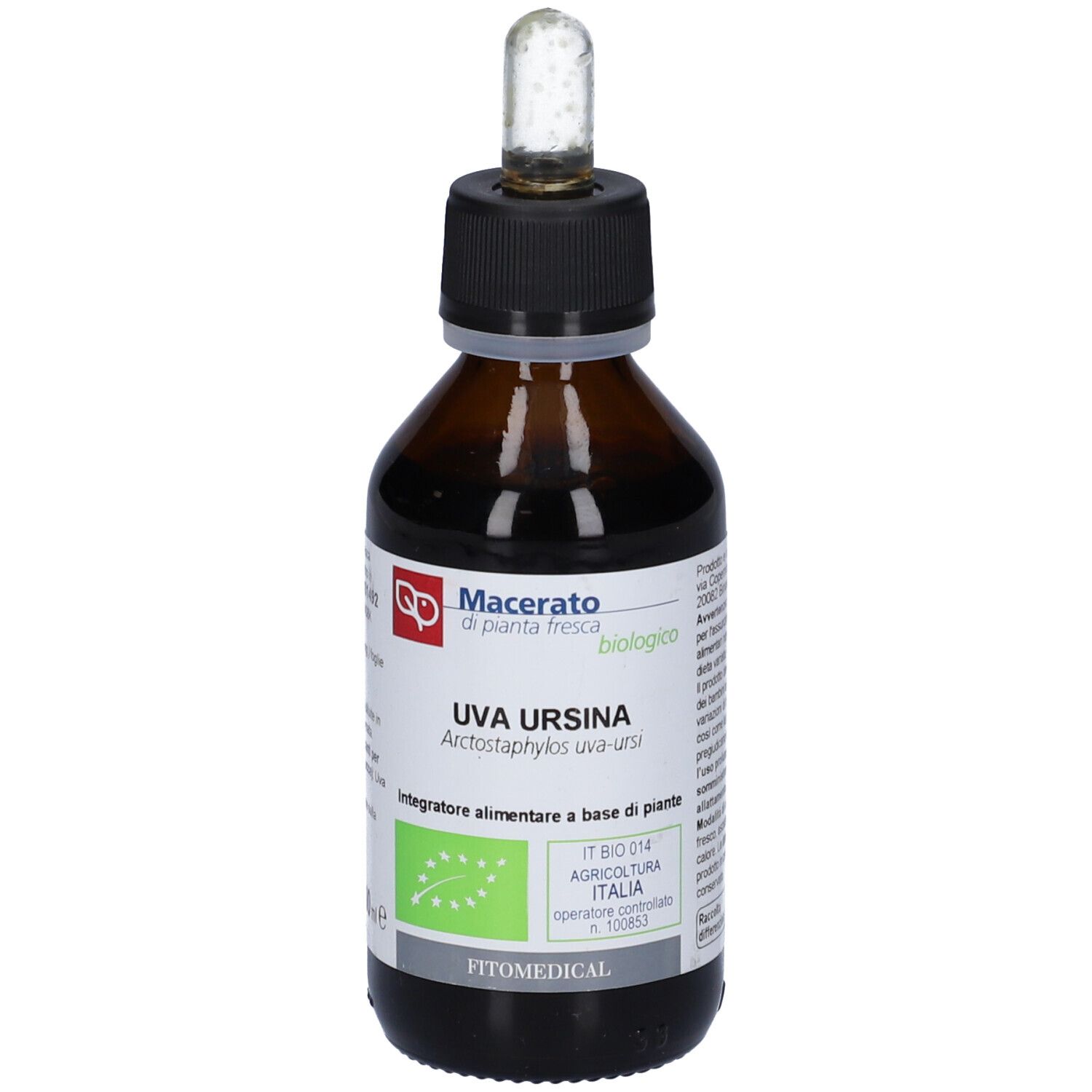 Flacone di vetro marrone con tappo nero e pipetta. Etichetta con testo: Uva Ursina, biologico. Sigillo biologico verde e bianco.