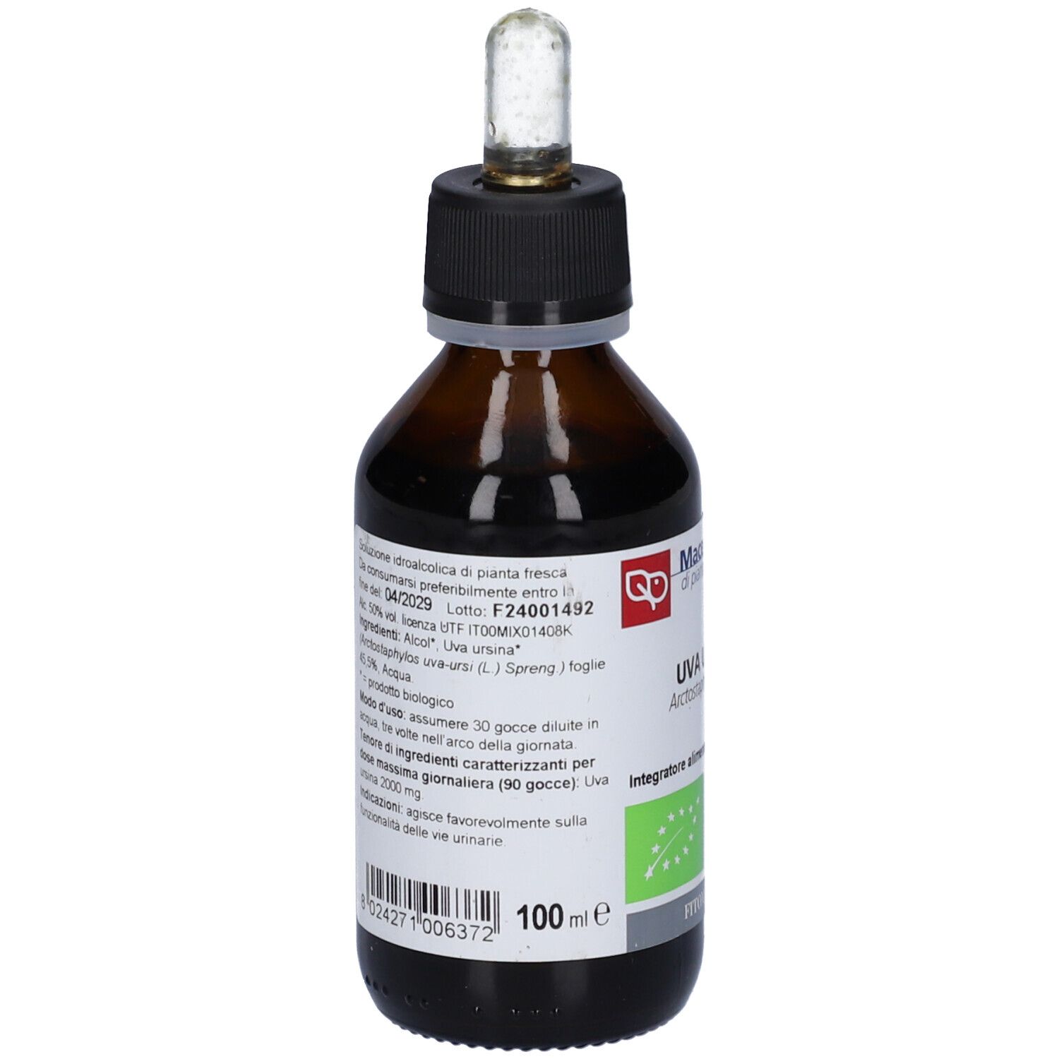 Flacone di vetro marrone con tappo nero e pipetta. Etichetta con testo: Uva Ursina, biologico. Sigillo biologico verde e bianco.