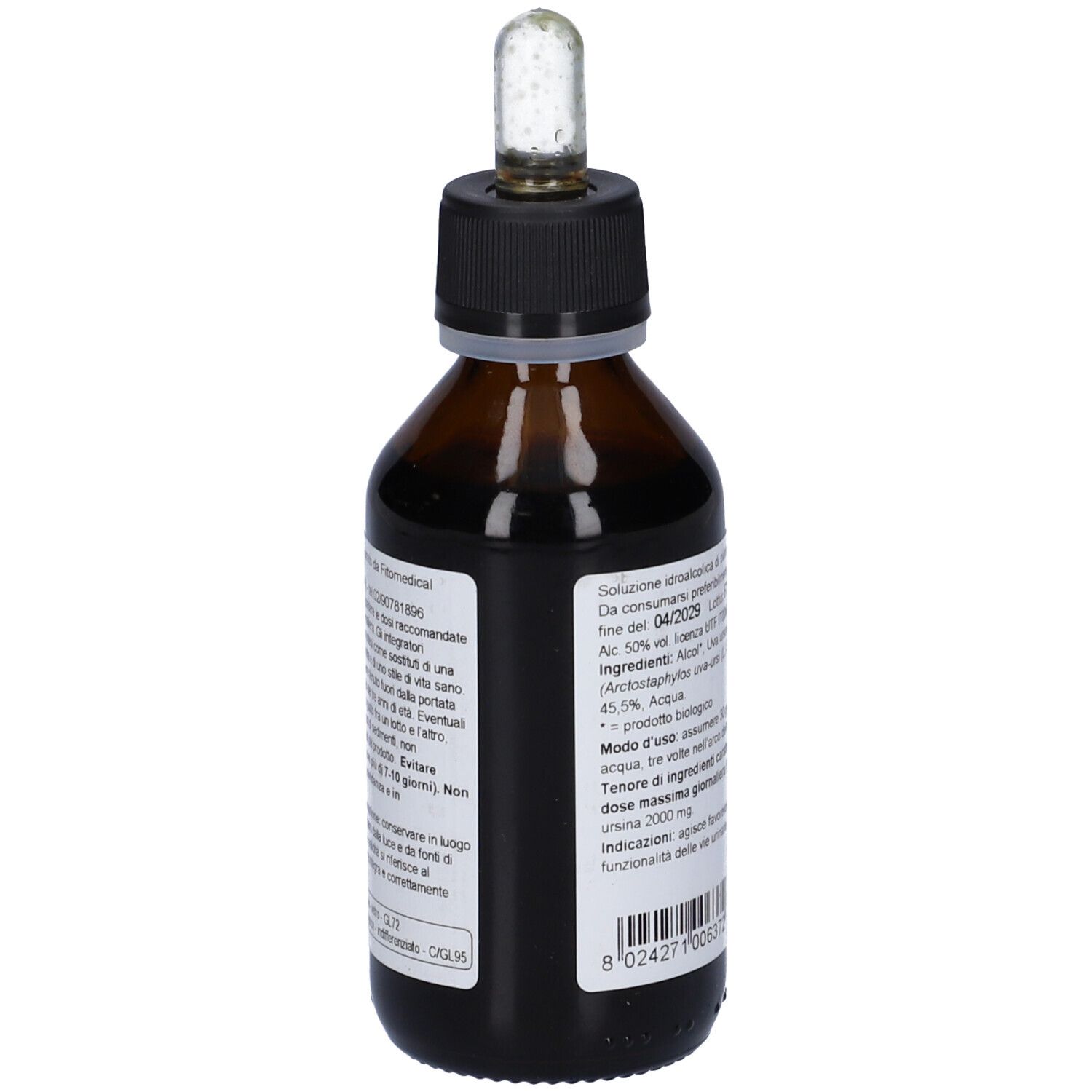 Flacone di vetro marrone con tappo nero e pipetta. Etichetta con testo: Uva Ursina, biologico. Sigillo biologico verde e bianco.