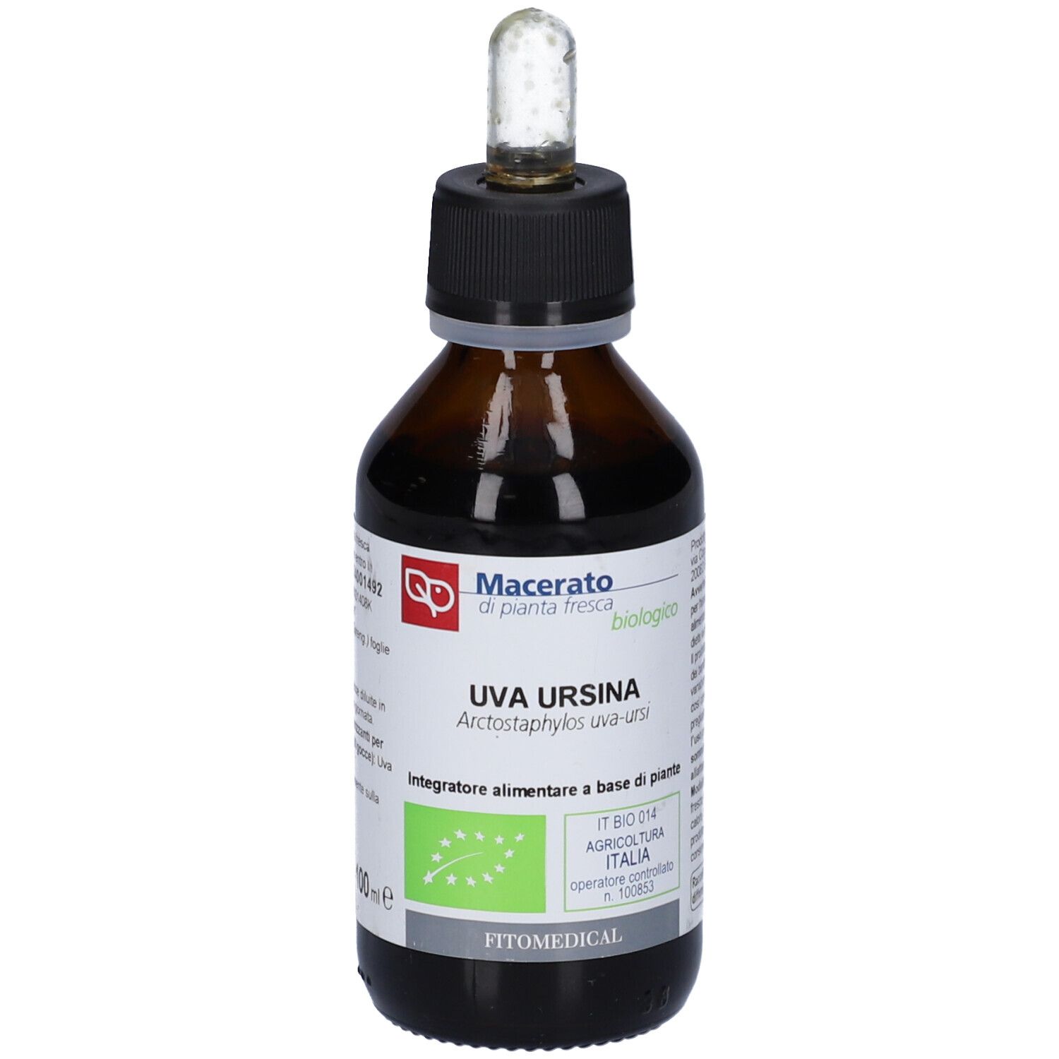 Flacone di vetro marrone con tappo nero e pipetta. Etichetta con testo: Uva Ursina, biologico. Sigillo biologico verde e bianco.