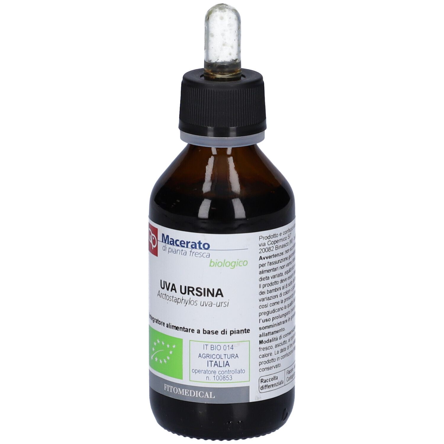 Flacone di vetro marrone con tappo nero e pipetta. Etichetta con testo: Uva Ursina, biologico. Sigillo biologico verde e bianco.