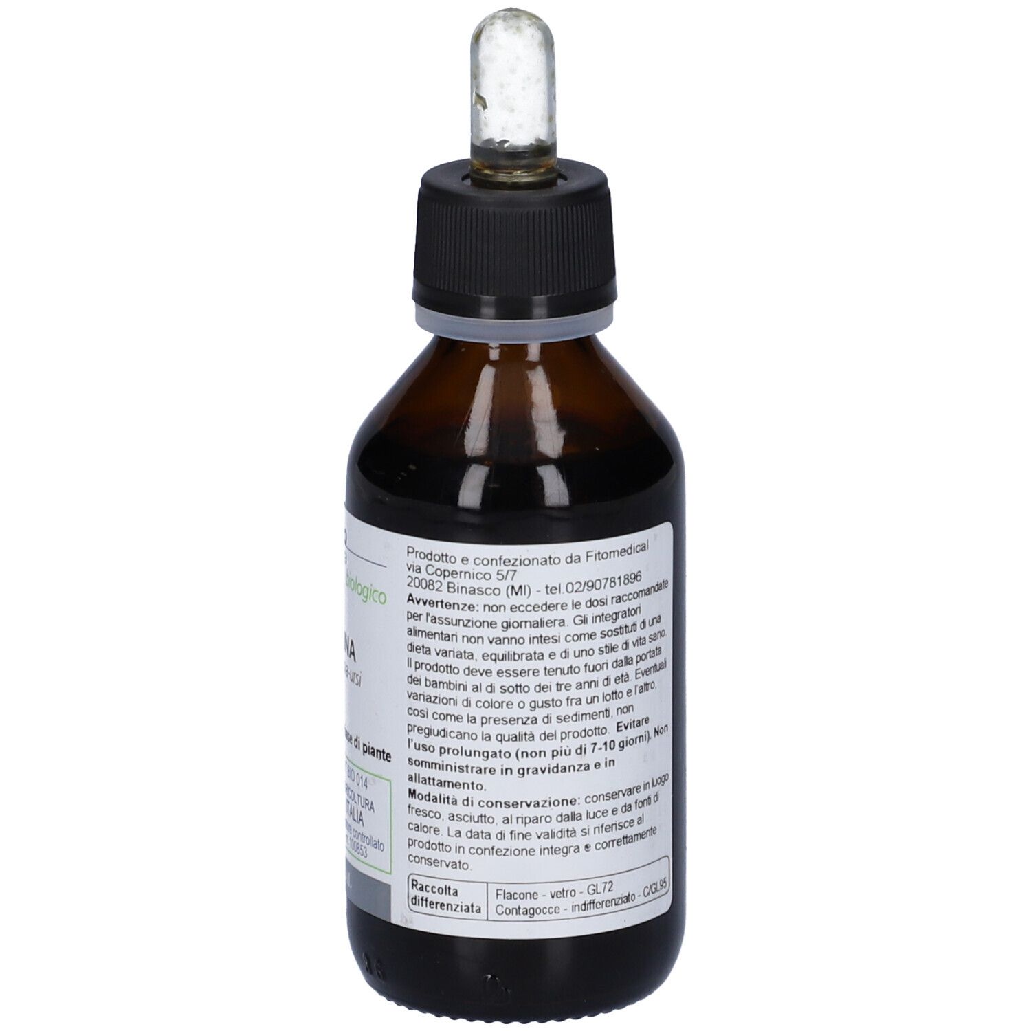 Flacone di vetro marrone con tappo nero e pipetta. Etichetta con testo: Uva Ursina, biologico. Sigillo biologico verde e bianco.