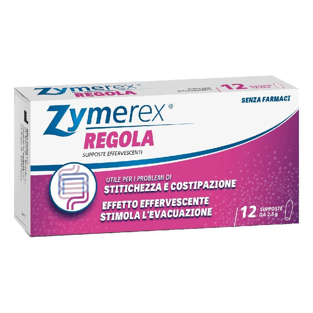 Scatola di Zymerex Regola. 12 supposte. Design rosa e bianco. Scritto: 'Senza Farmaci'.