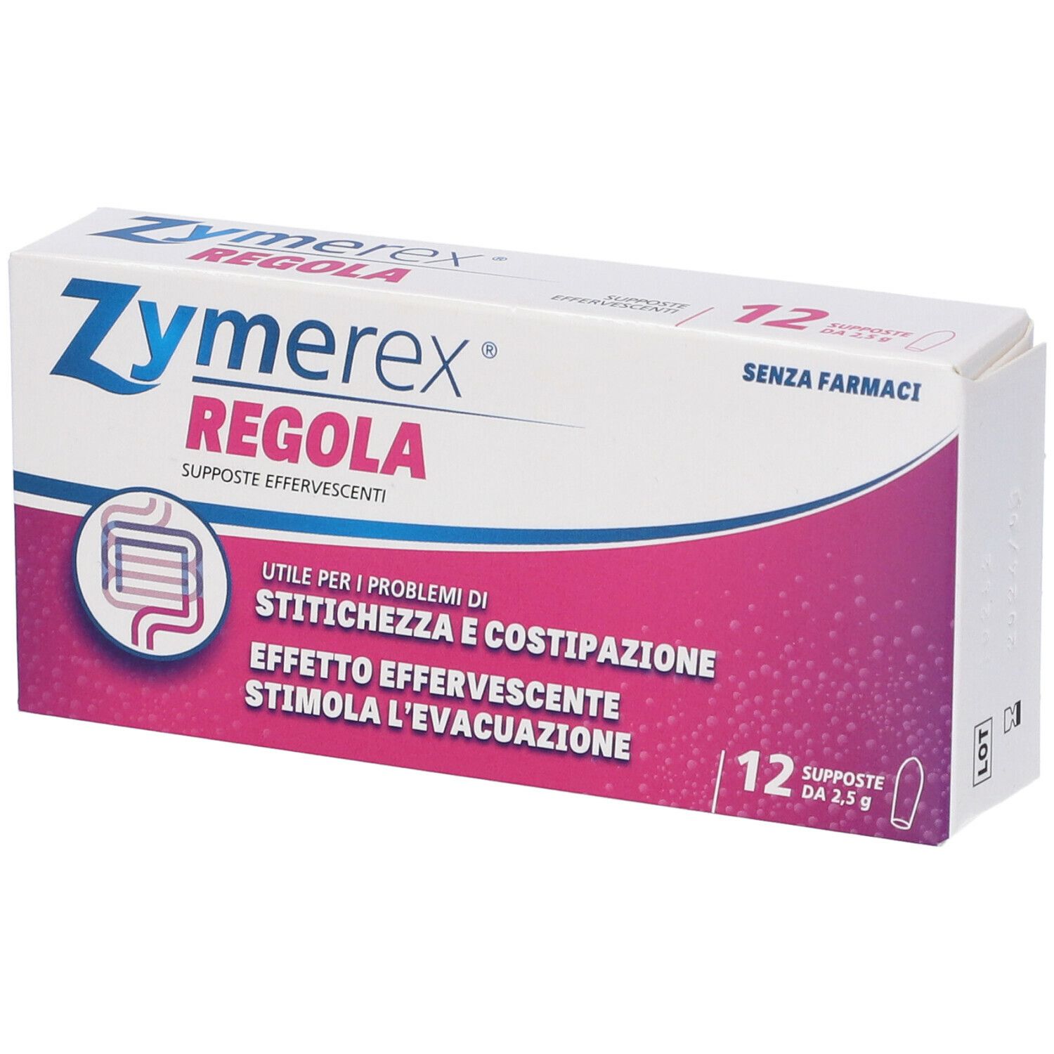 Scatola di Zymerex Regola. 12 supposte. Design rosa e bianco. Scritto: 'Senza Farmaci'.