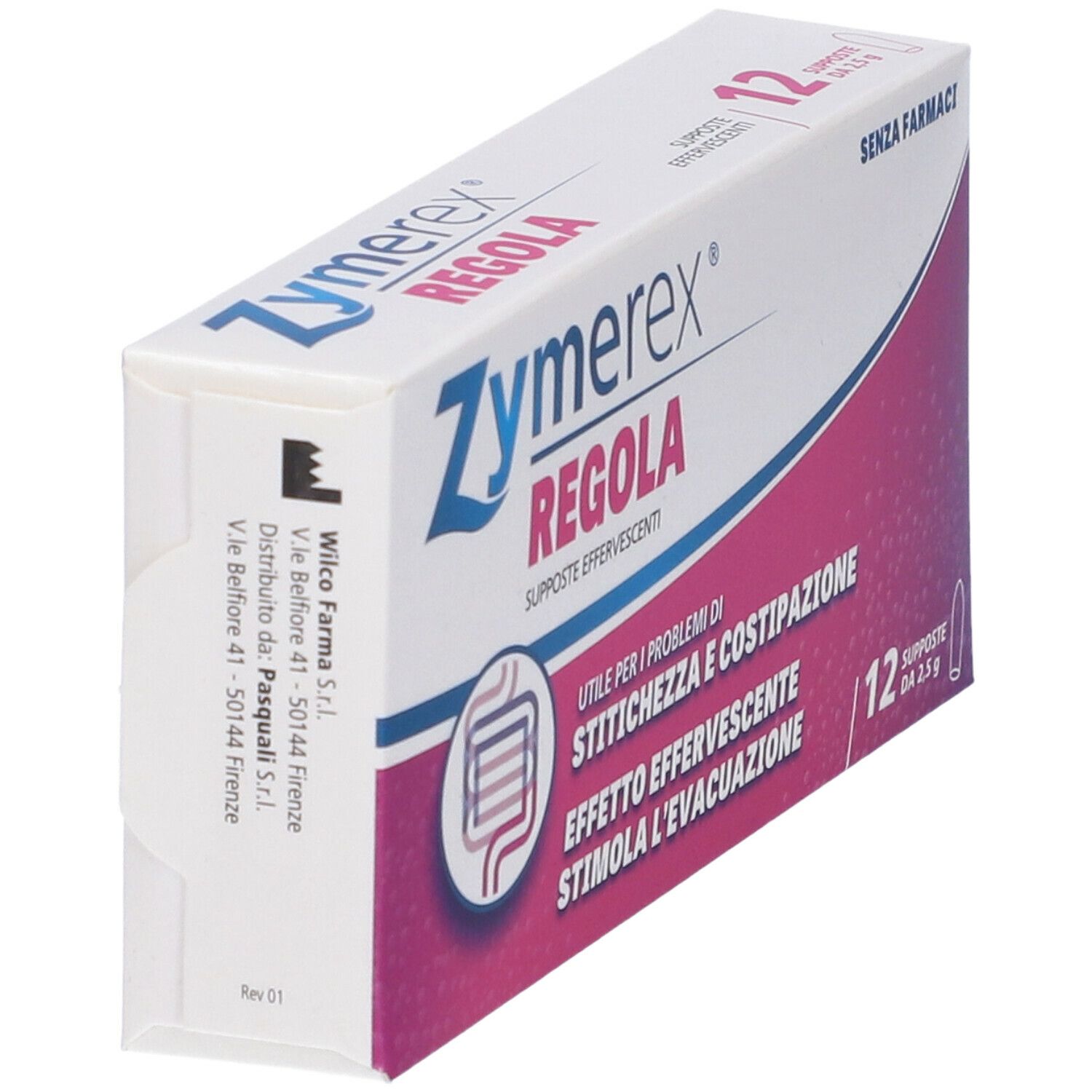Scatola di Zymerex Regola. 12 supposte. Design rosa e bianco. Scritto: 'Senza Farmaci'.