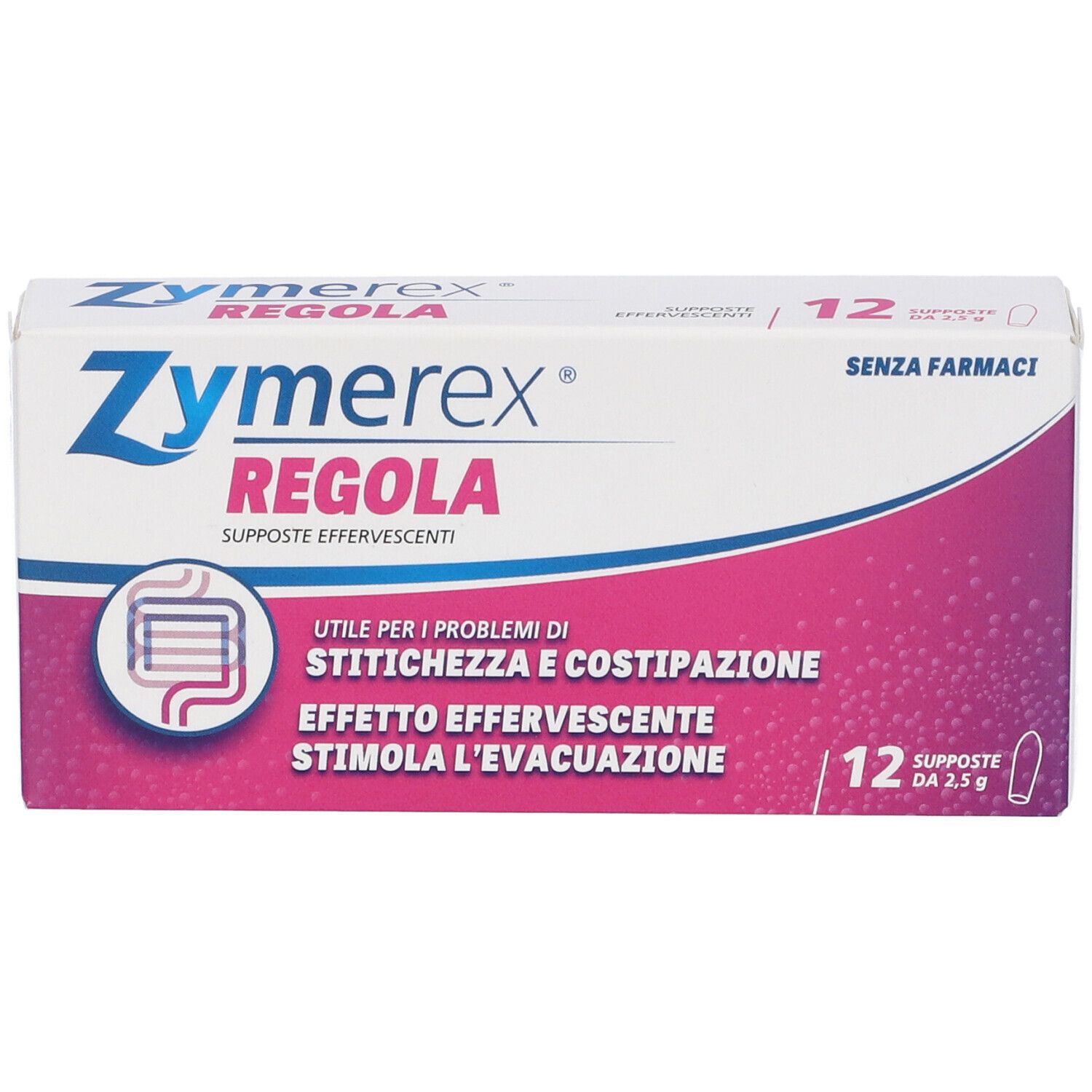 Scatola di Zymerex Regola. 12 supposte. Design rosa e bianco. Scritto: 'Senza Farmaci'.