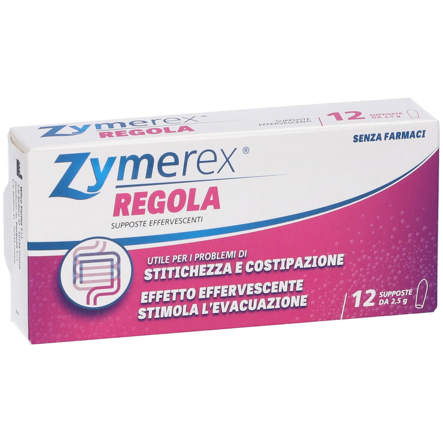 Scatola di Zymerex Regola. 12 supposte. Design rosa e bianco. Scritto: 'Senza Farmaci'.