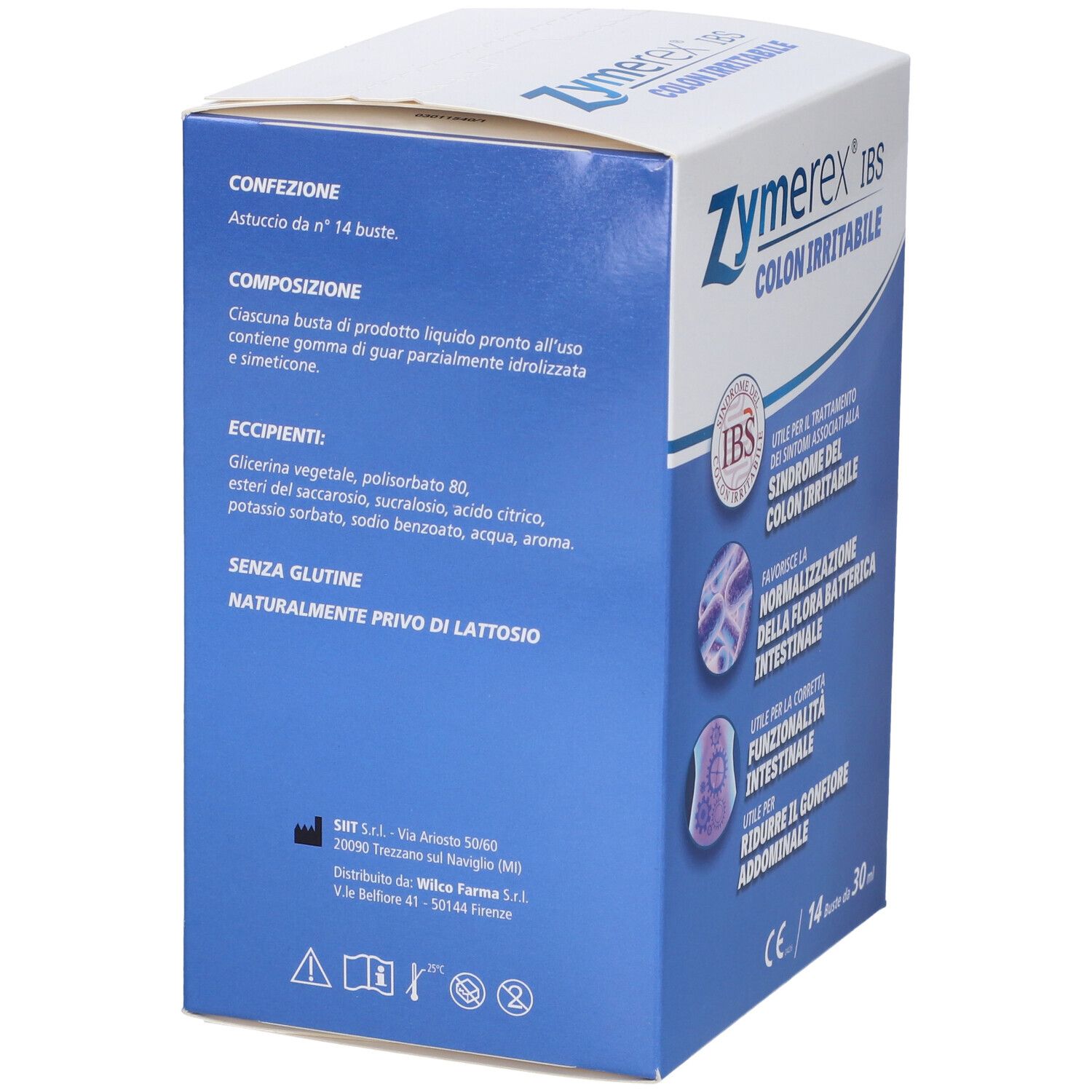 Retro della confezione Zymerex IBS. Contiene informazioni sugli ingredienti e nutrizionali. Senza glutine e lattosio.