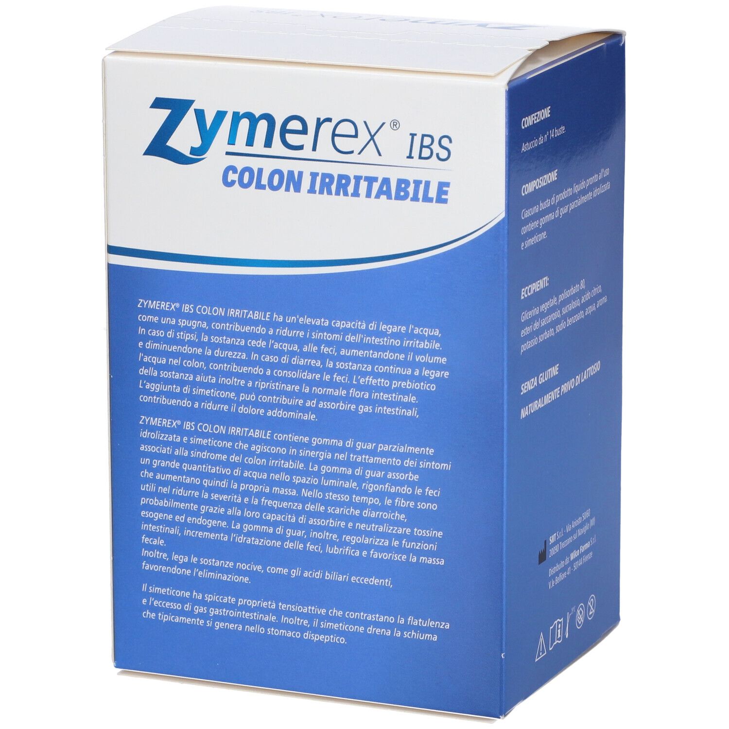 Lato della confezione Zymerex IBS. Contiene informazioni sul prodotto e istruzioni. Confezione blu e bianca.