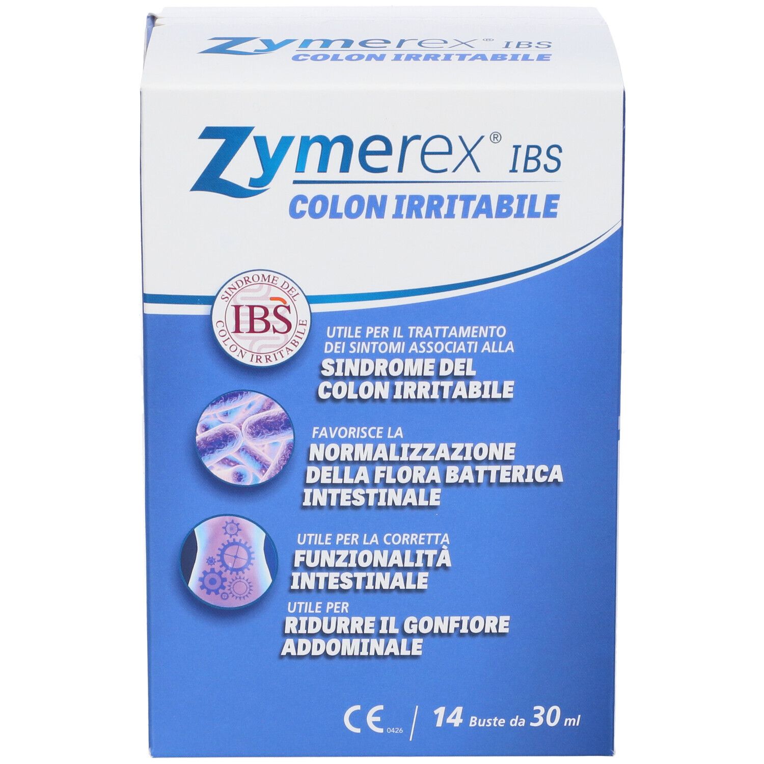 Confezione Zymerex IBS. Scatola blu e bianca con nome del prodotto e logo IBS. Contiene 14 bustine.