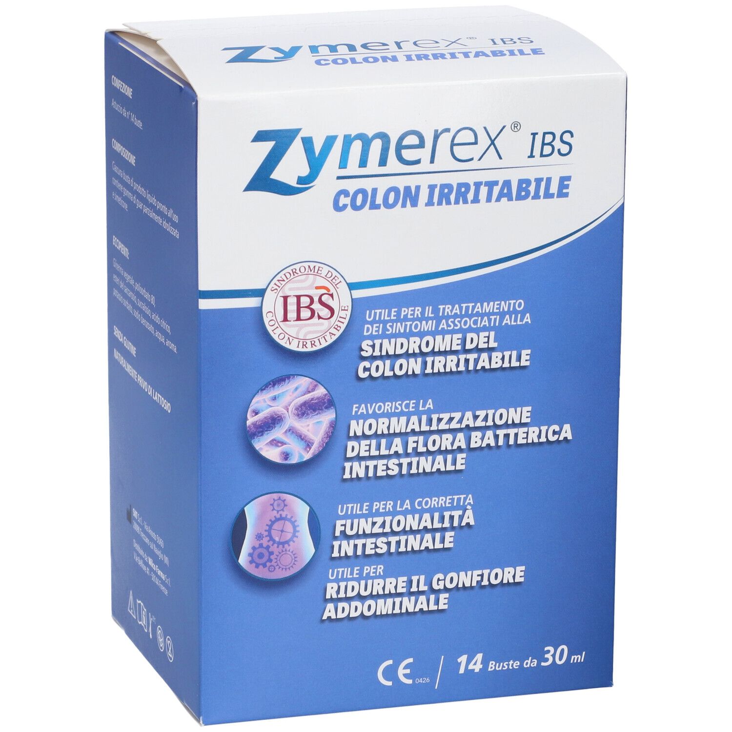 Confezione Zymerex IBS. Scatola blu e bianca con nome del prodotto e logo IBS. Contiene 14 bustine.