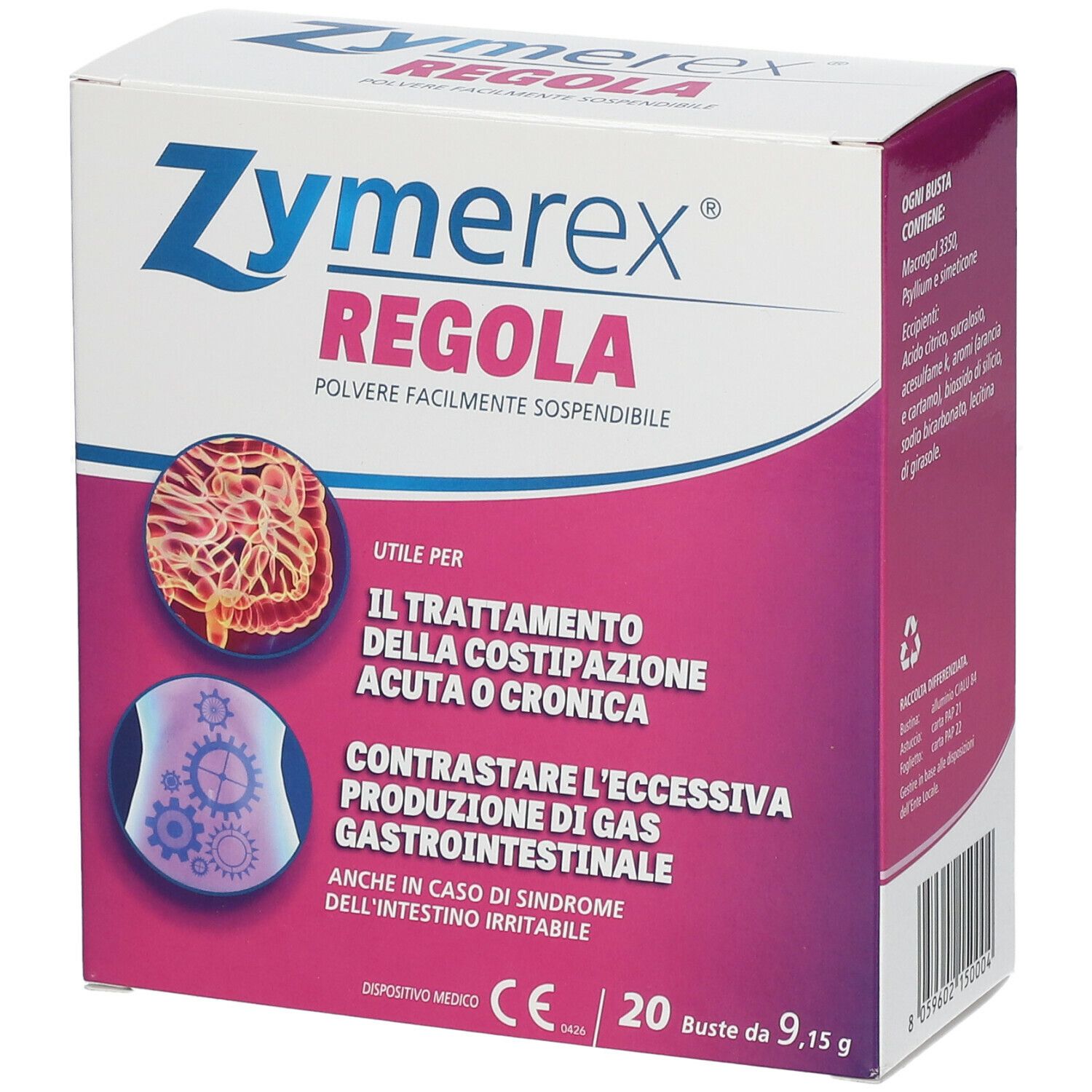 Scatola di Zymerex Regola. Confezione bianca e viola. Contiene 20 bustine. Dispositivo medico.