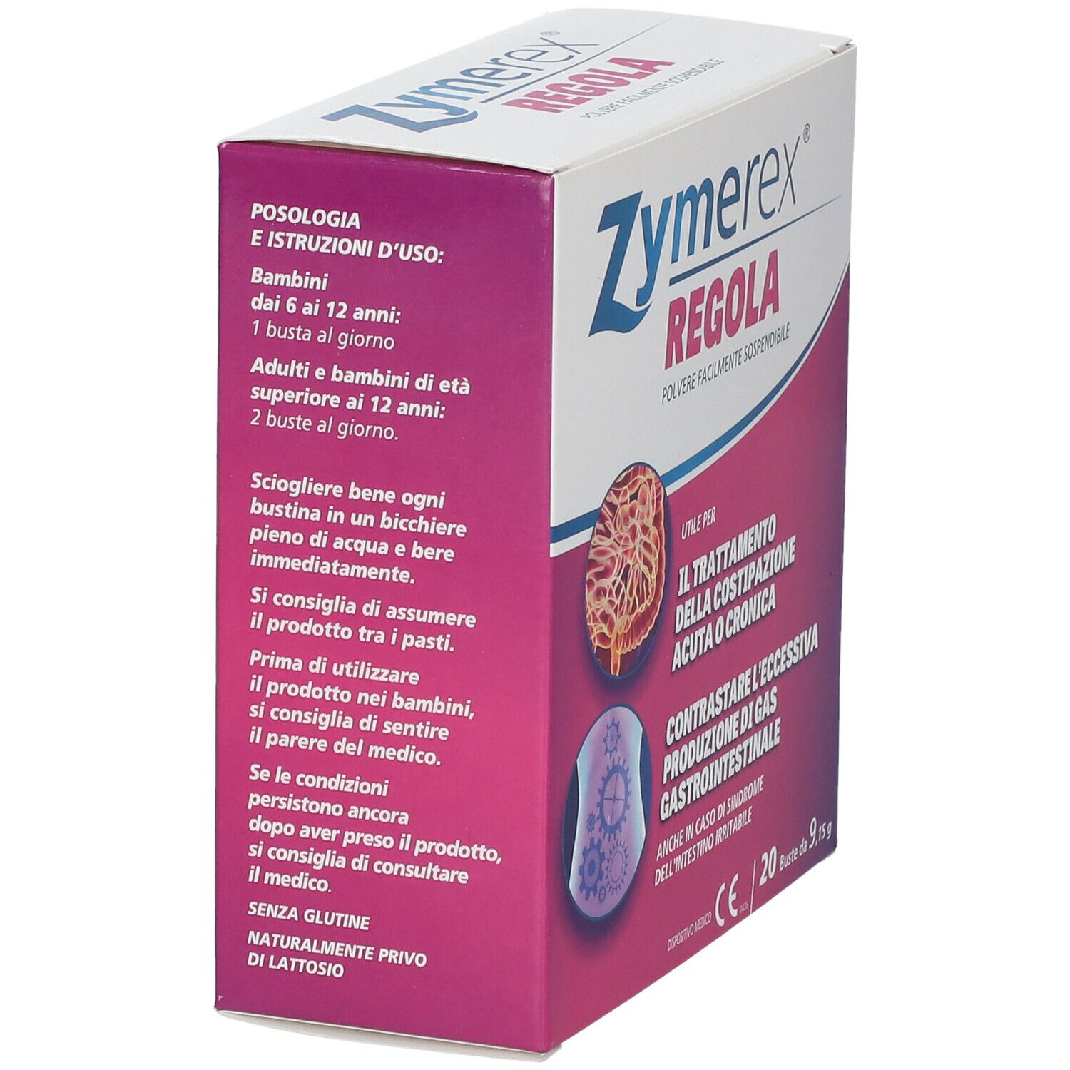 Lato della confezione Zymerex Regola. Istruzioni per il dosaggio. Bianco e viola. Dispositivo medico.