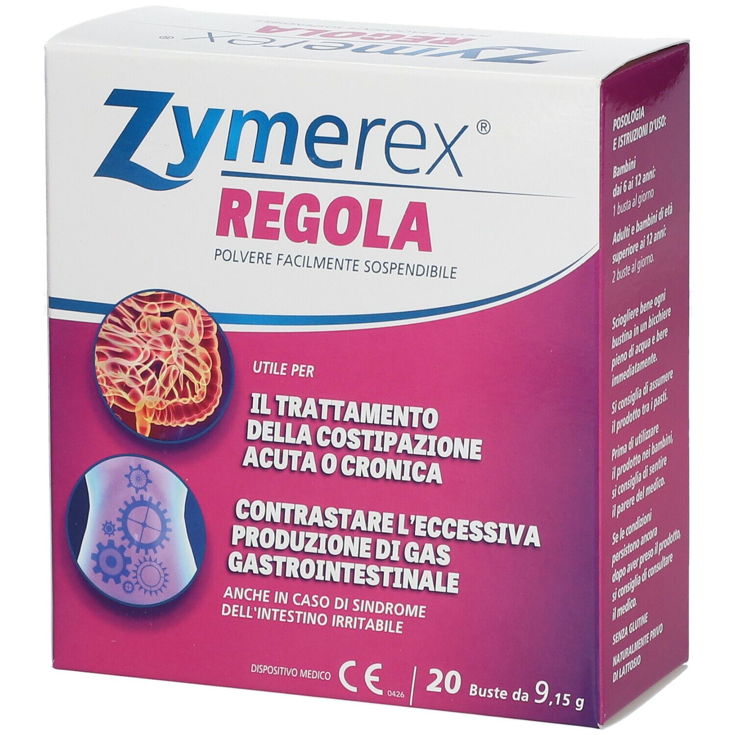 Scatola Zymerex Regola. Confezione bianca e viola. Contiene 20 bustine. Dispositivo medico.
