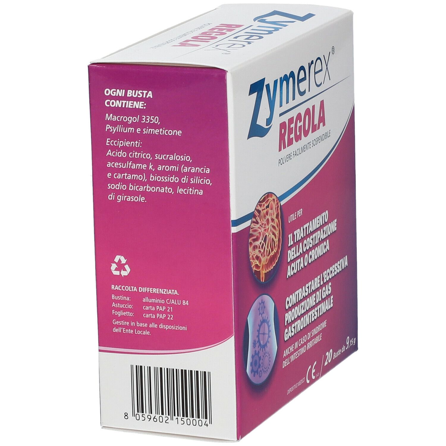 Retro della confezione Zymerex Regola. Ingredienti e informazioni sul riciclo. Dispositivo medico.
