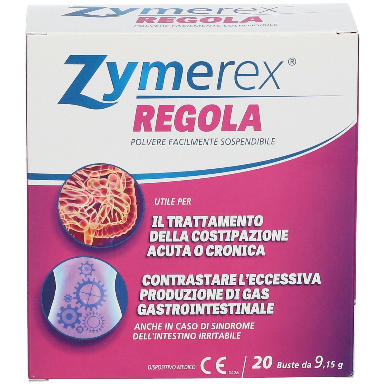 Scatola Zymerex Regola. Confezione bianca e viola. Contiene 20 bustine. Dispositivo medico.