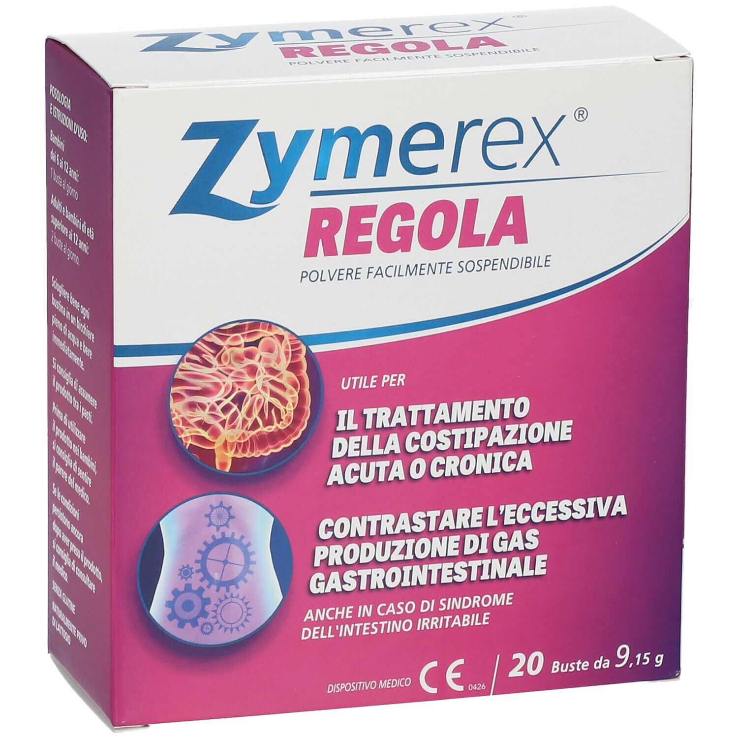 Scatola Zymerex Regola. Confezione bianca e viola. Contiene 20 bustine. Dispositivo medico.