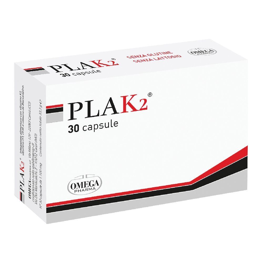 Scatola bianca con scritta « PLAK2 30 capsule ». Logo « OMEGA PHARMA ». Contiene 30 capsule. Scritta « SENZA GLUTINE, SENZA LATTOSIO ».