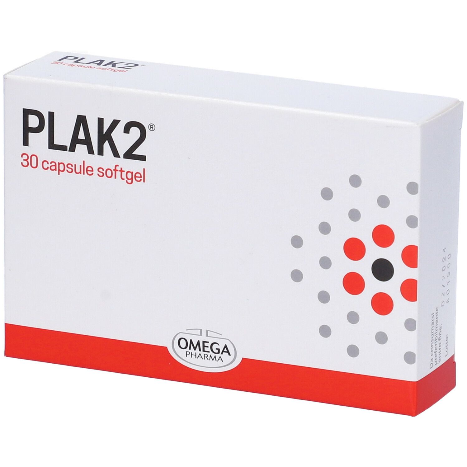 Scatola bianca con design rosso e nero. Scritta « PLAK2 30 capsule softgel ». Logo « OMEGA PHARMA ». Motivo geometrico.