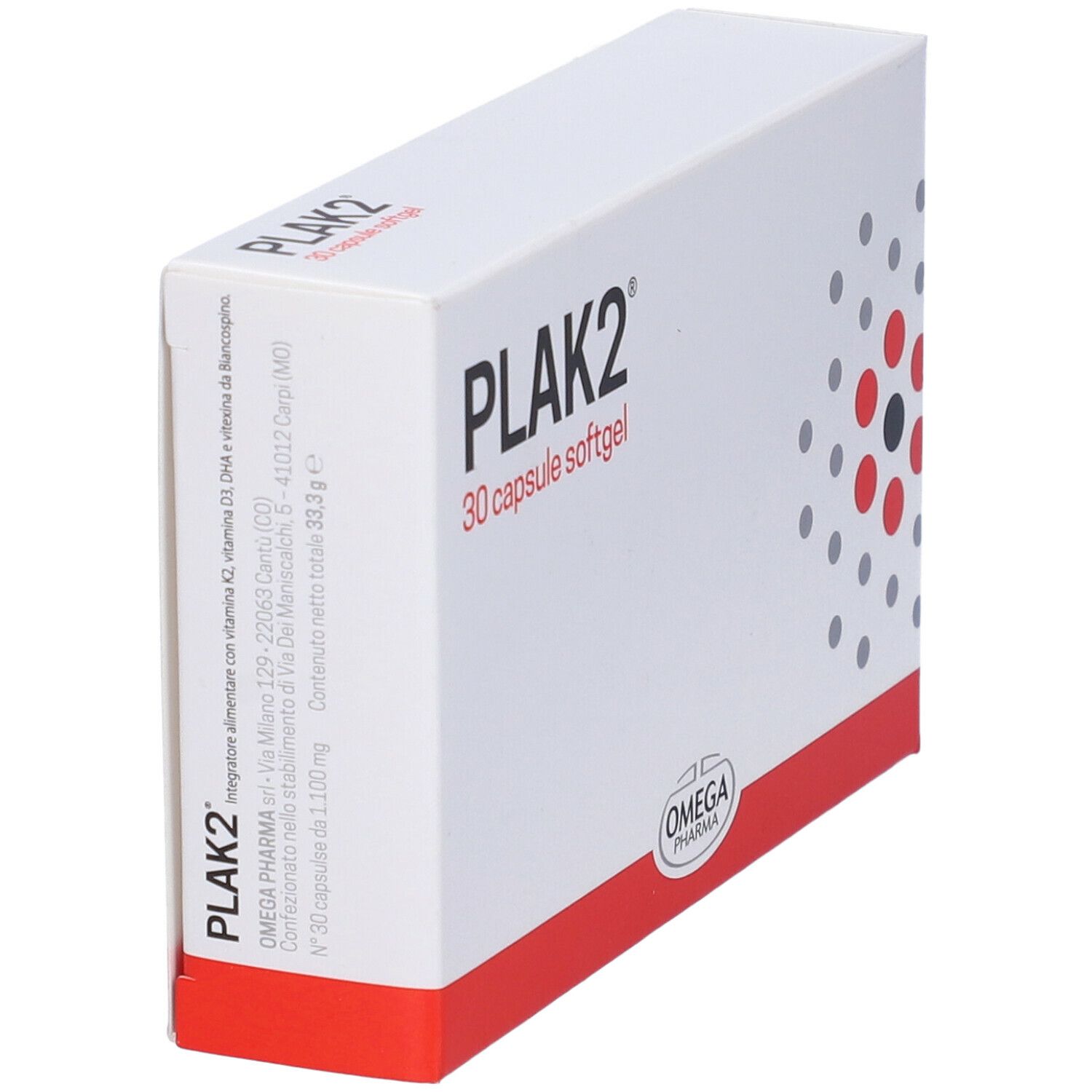 Scatola bianca con design rosso e nero. Scritta « PLAK2 30 capsule softgel ». Logo « OMEGA PHARMA ». Motivo geometrico.